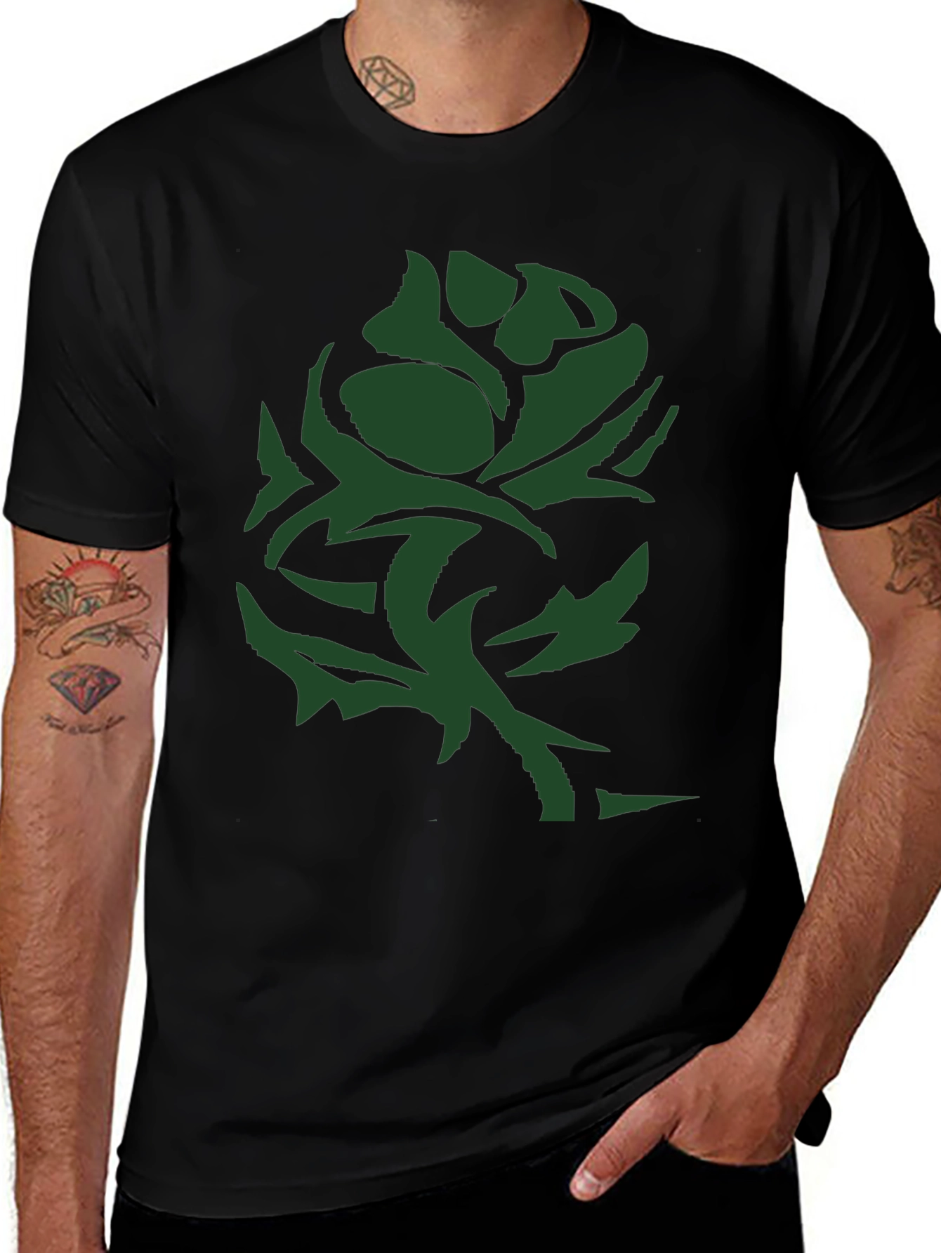Green Rose Graphic Tee - Black Casual T-Shirt