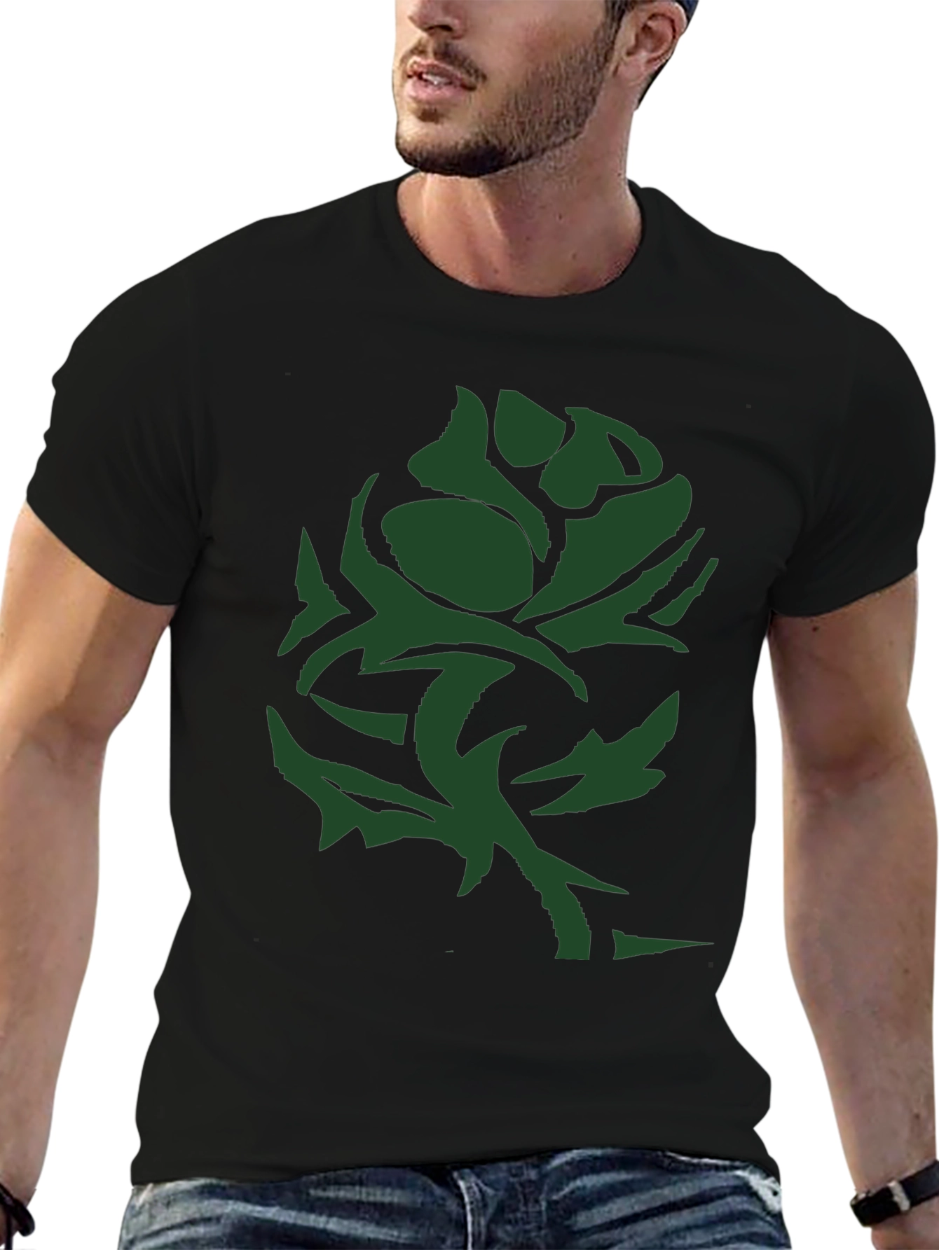 Green Rose Graphic Tee - Black Casual T-Shirt