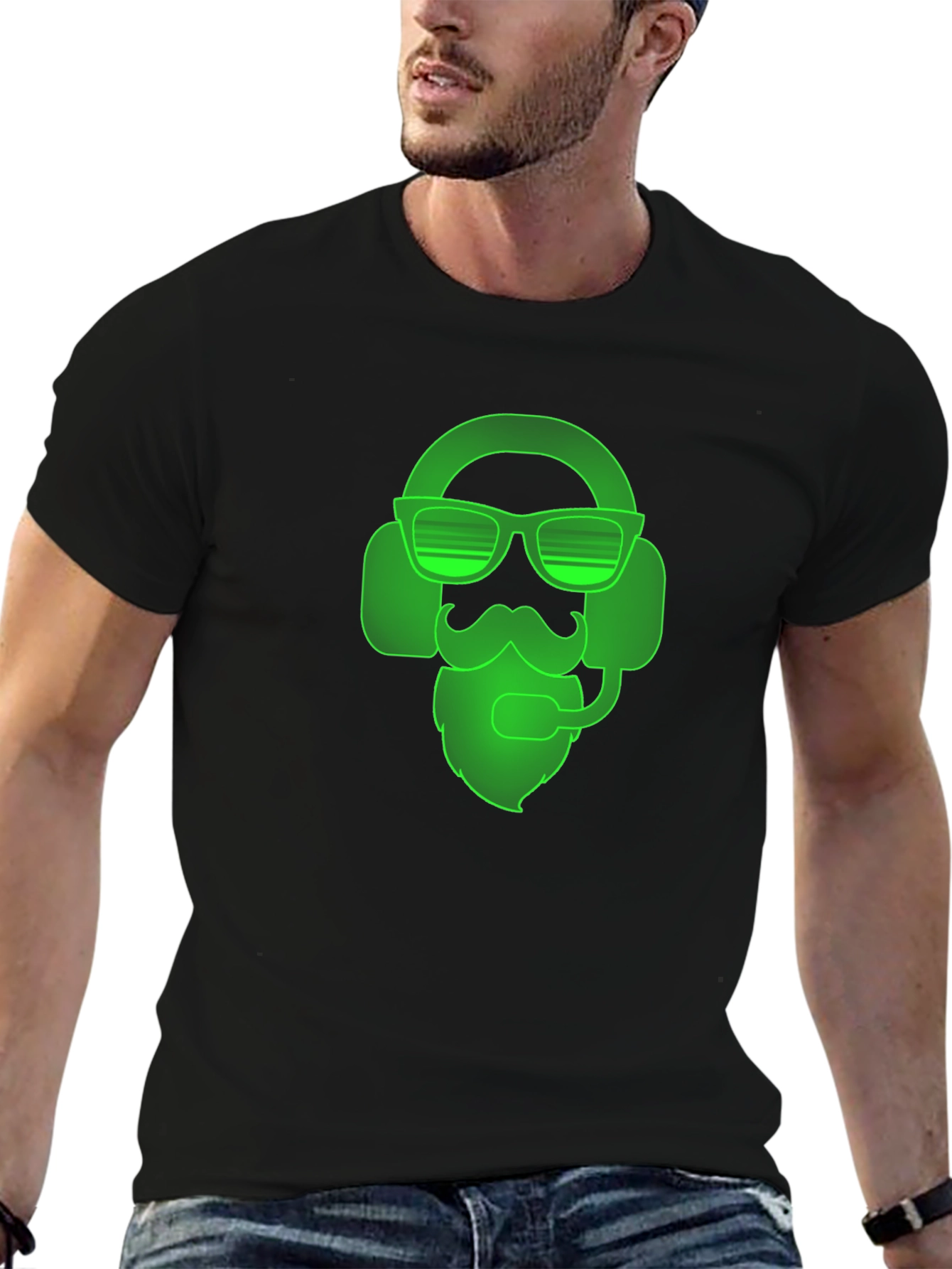 Gamer Beard T-Shirt - Neon Green Headset Design