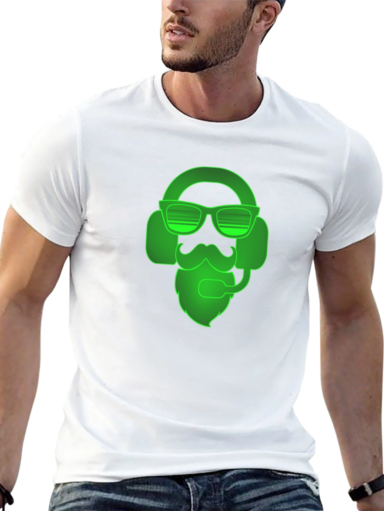 Gamer Beard T-Shirt - Neon Green Headset Design