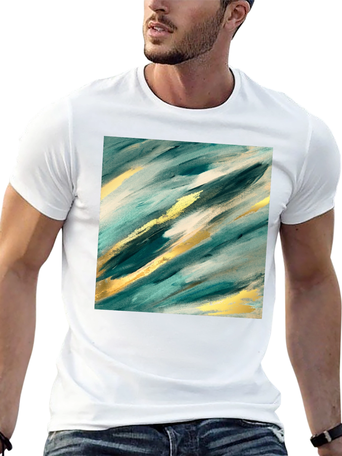 Abstract Teal & Gold Art Black T-Shirt