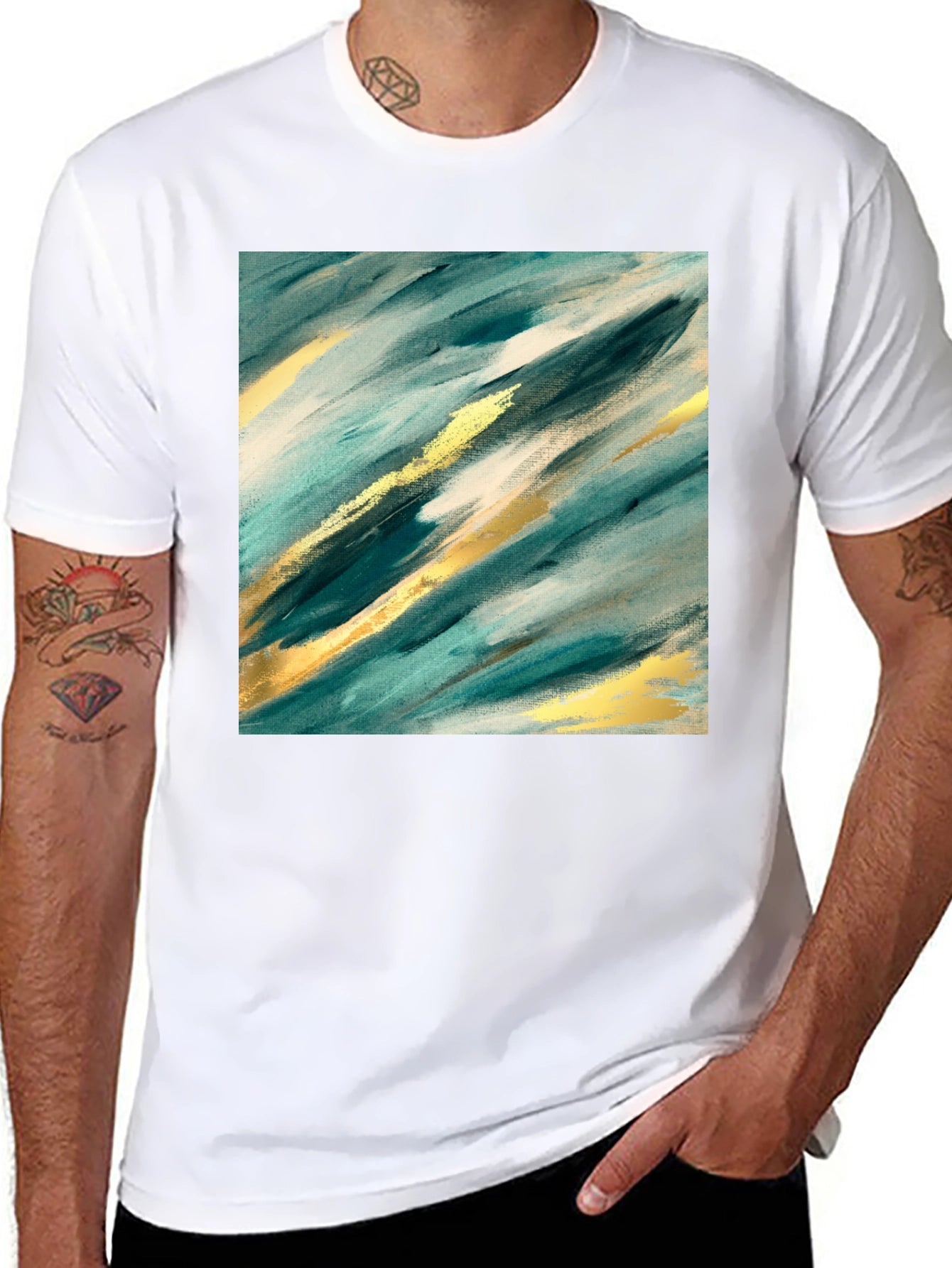 Abstract Teal & Gold Art Black T-Shirt