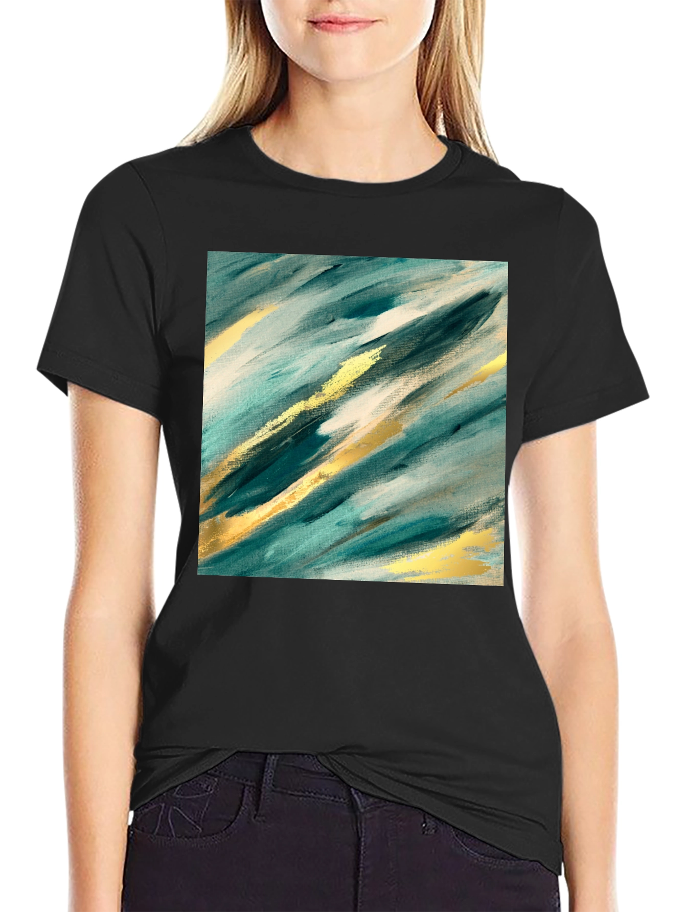 Abstract Teal & Gold Art Black T-Shirt
