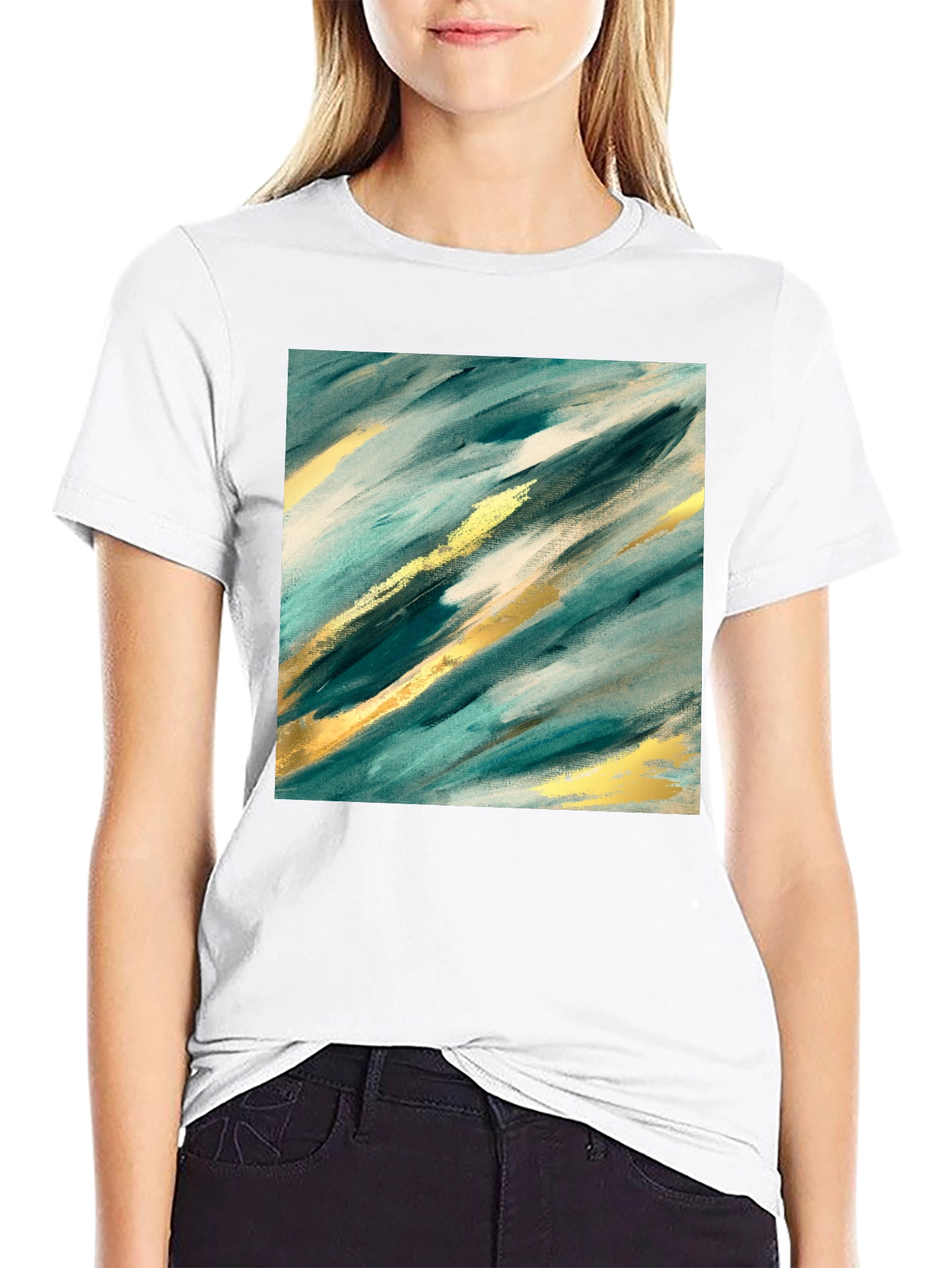 Abstract Teal & Gold Art Black T-Shirt