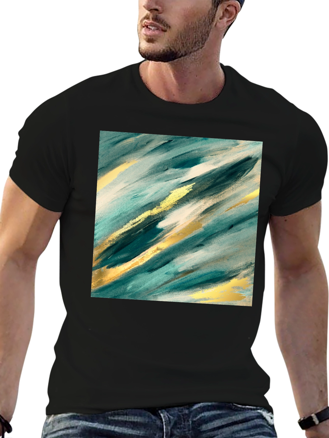 Abstract Teal & Gold Art Black T-Shirt