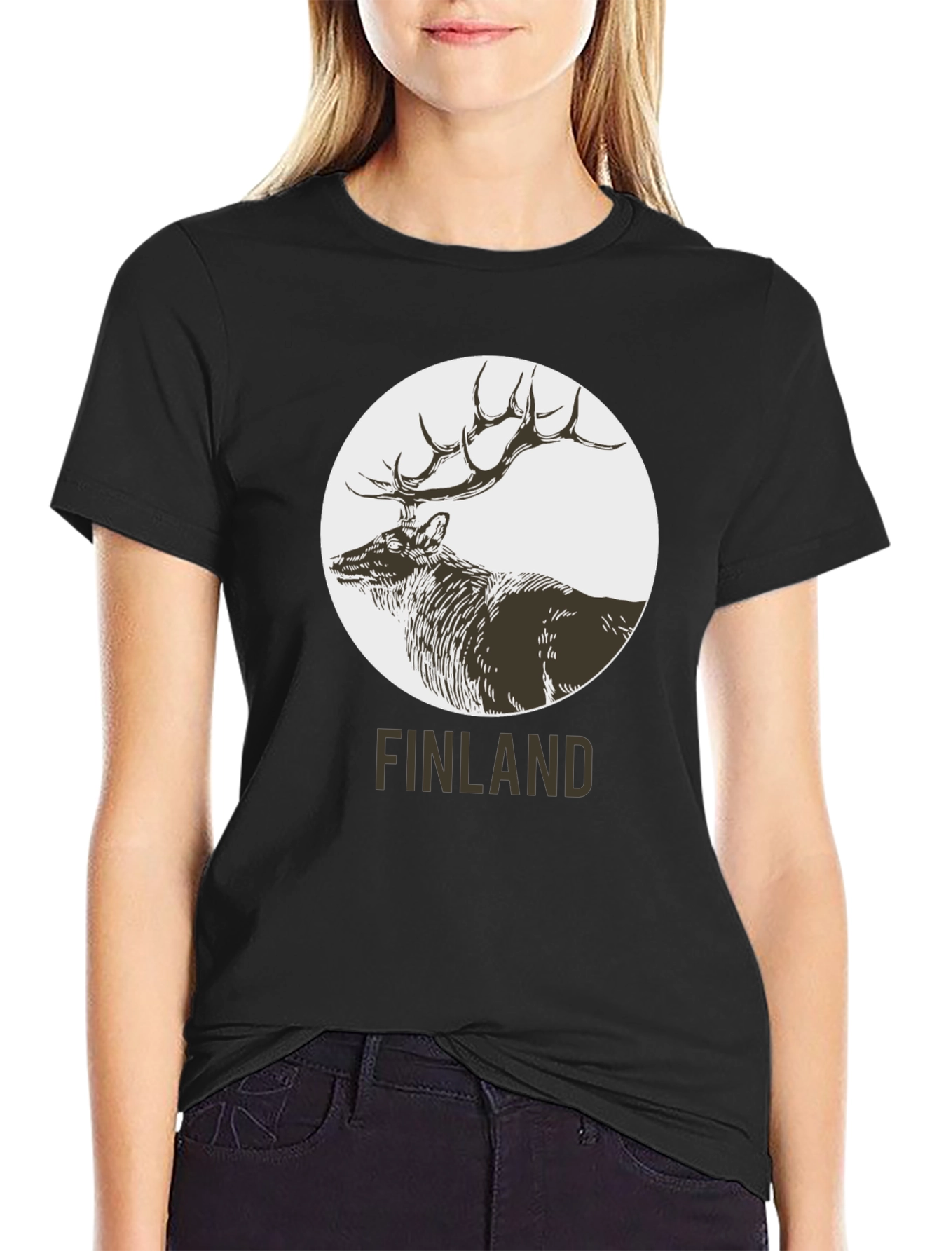 Finland Deer Graphic Print Black T-Shirt