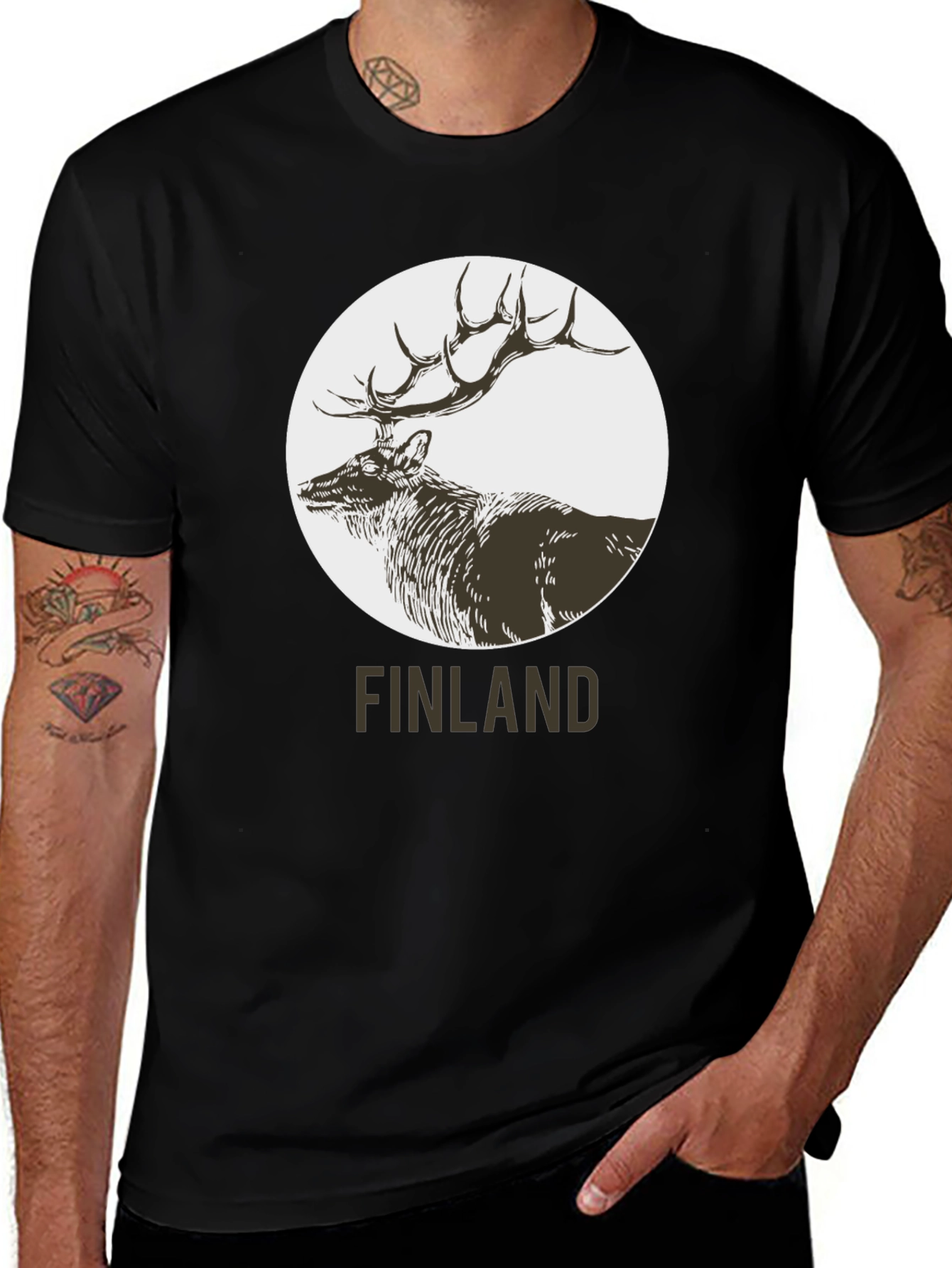 Finland Deer Graphic Print Black T-Shirt