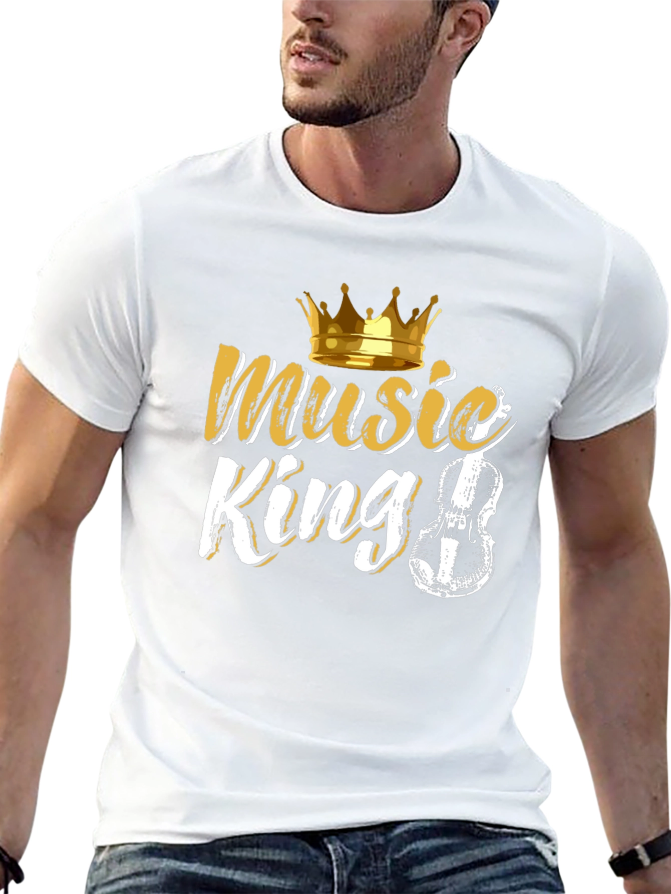 Music King Black T-Shirt with Crown and Violin Design