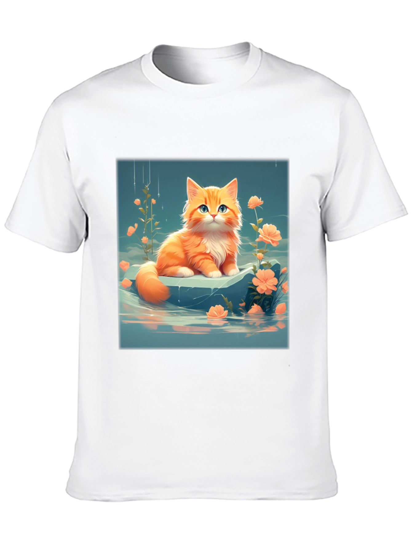 Cute Kitten & Flowers Graphic Black T-Shirt