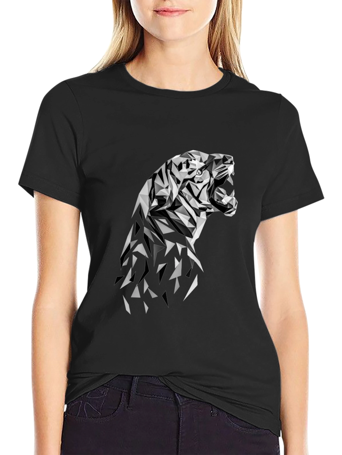 Geometric Tiger Graphic Tee - Modern Black T-Shirt