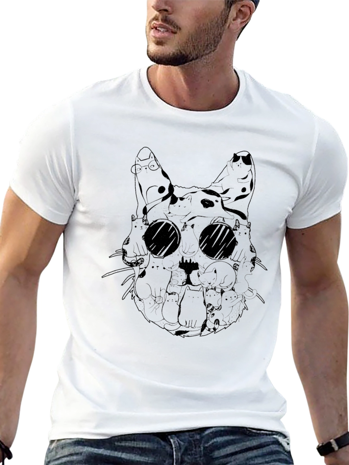 Cat Collage Graphic Tee - Black Crew Neck