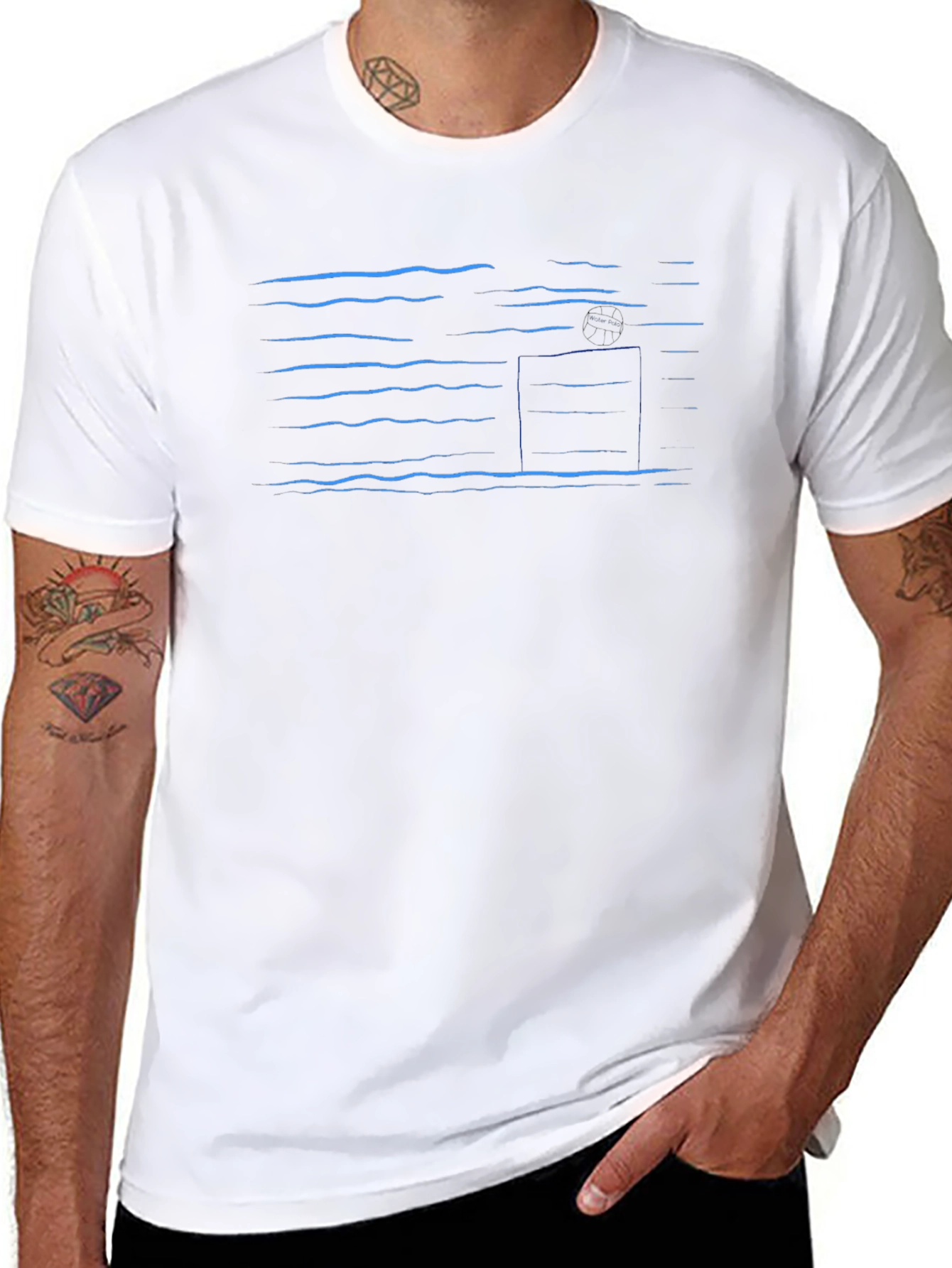 Abstract Blue Line Pattern Black T-Shirt