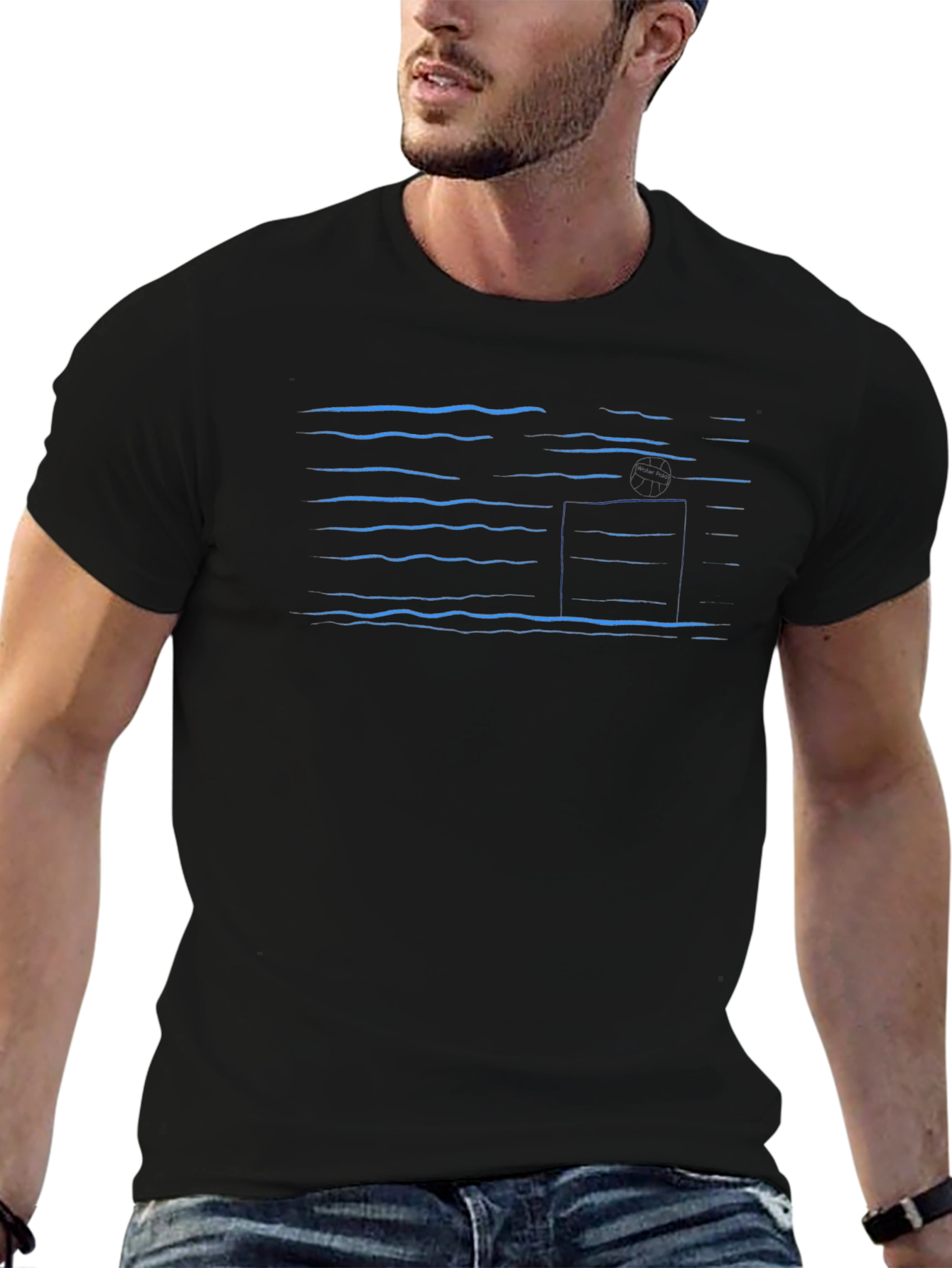 Abstract Blue Line Pattern Black T-Shirt