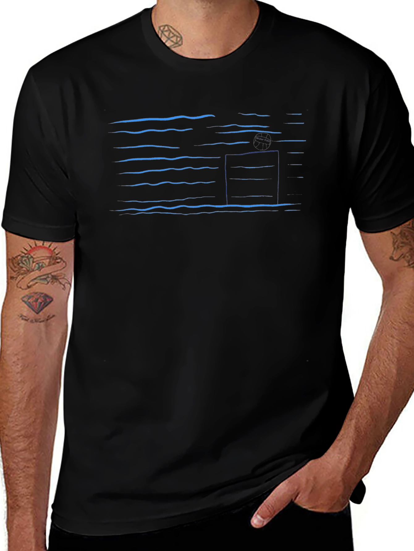 Abstract Blue Line Pattern Black T-Shirt