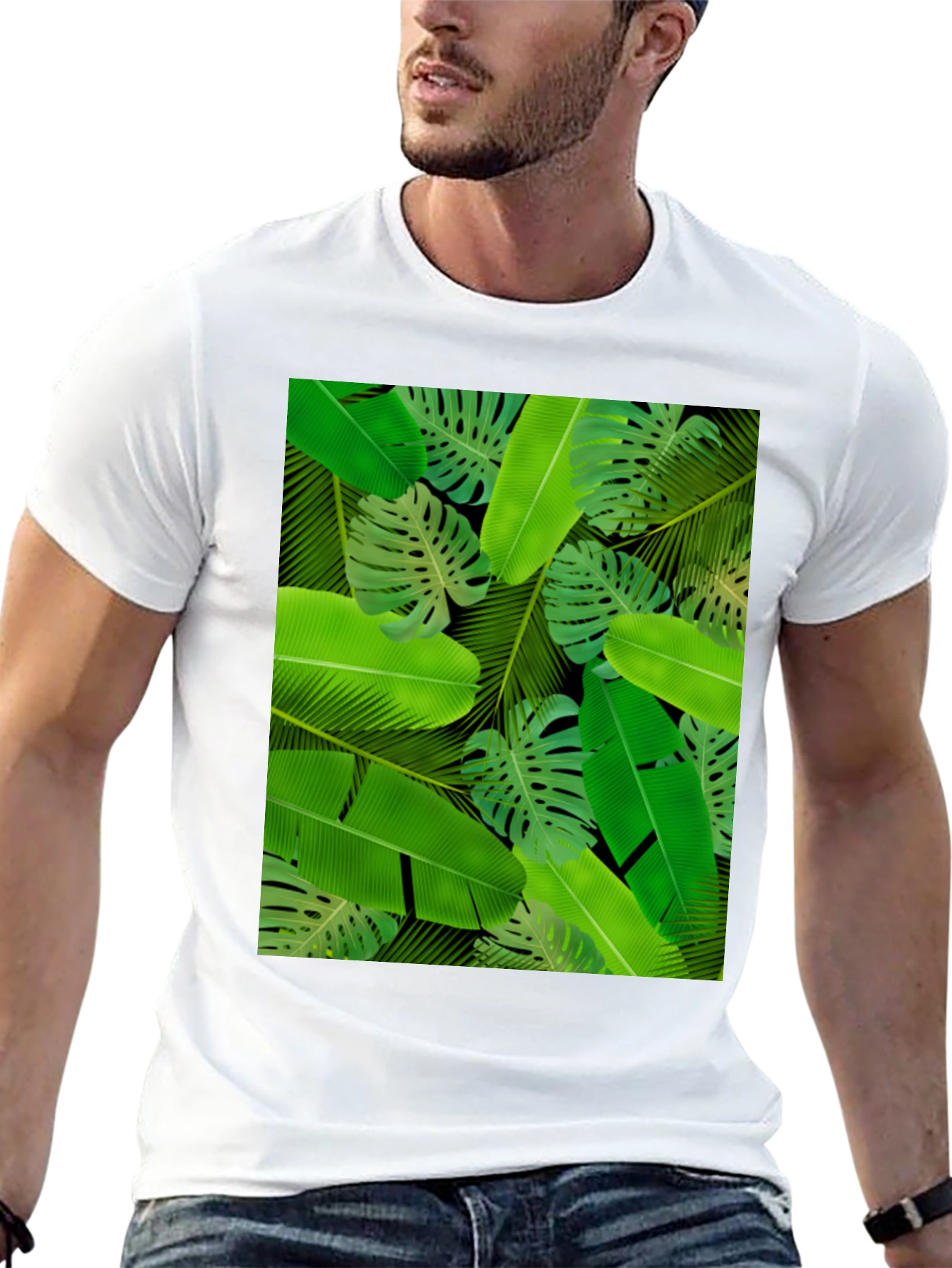 Tropical Leaves Print Black T-Shirt