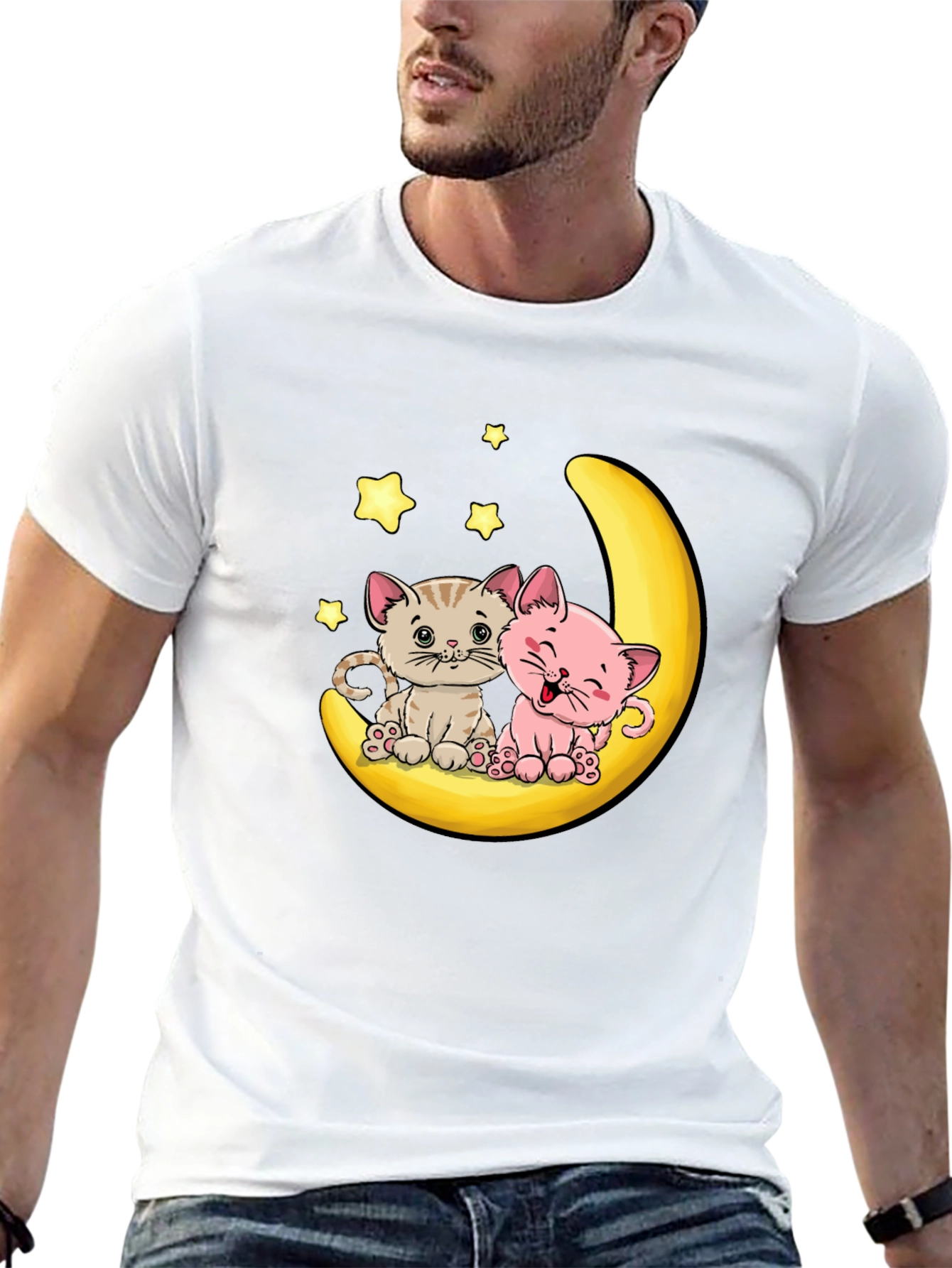 Cute Kitten Moon Graphic Tee - Black