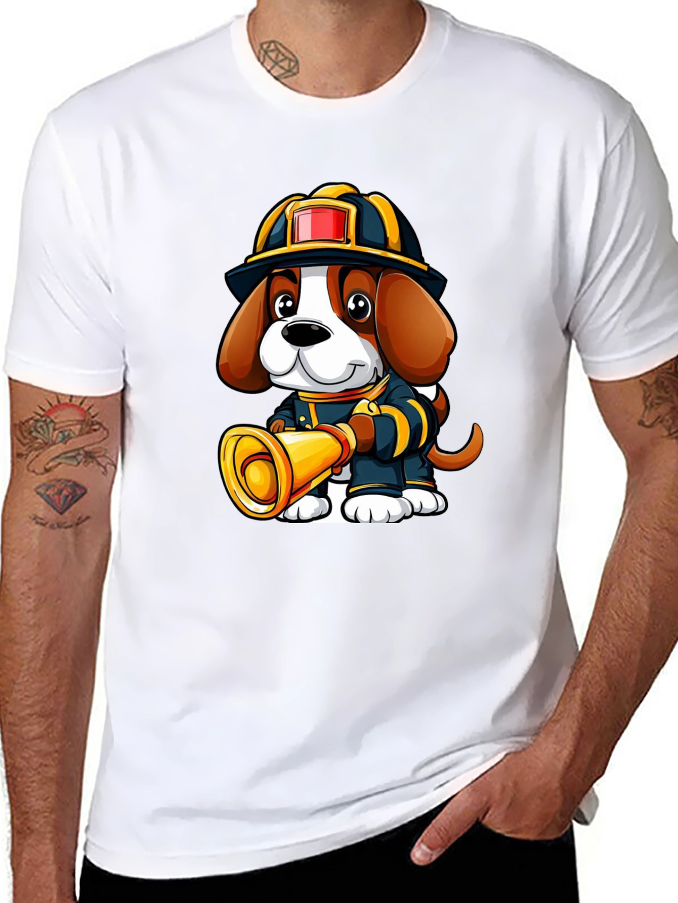 Firefighter Dog Graphic T-Shirt - Cute Cartoon Tee
