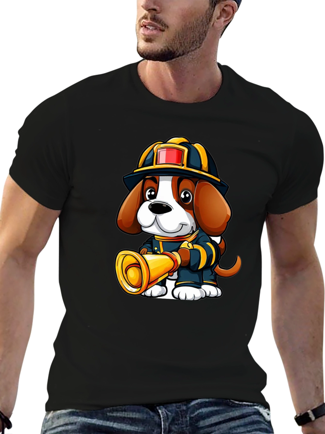 Firefighter Dog Graphic T-Shirt - Cute Cartoon Tee