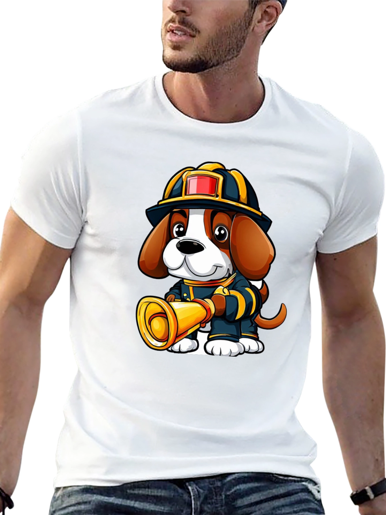 Firefighter Dog Graphic T-Shirt - Cute Cartoon Tee