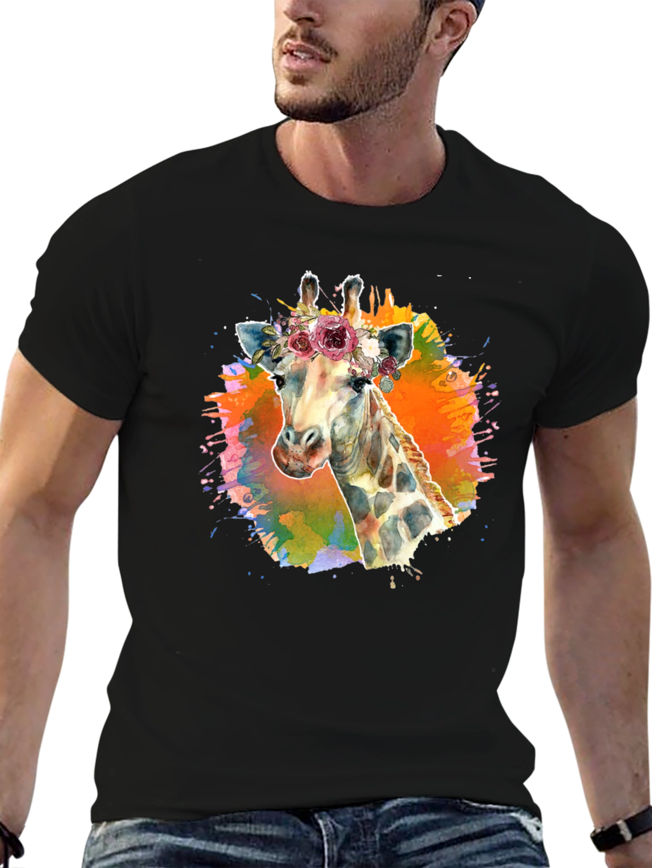 Floral Giraffe T-Shirt - Artistic Black Tee