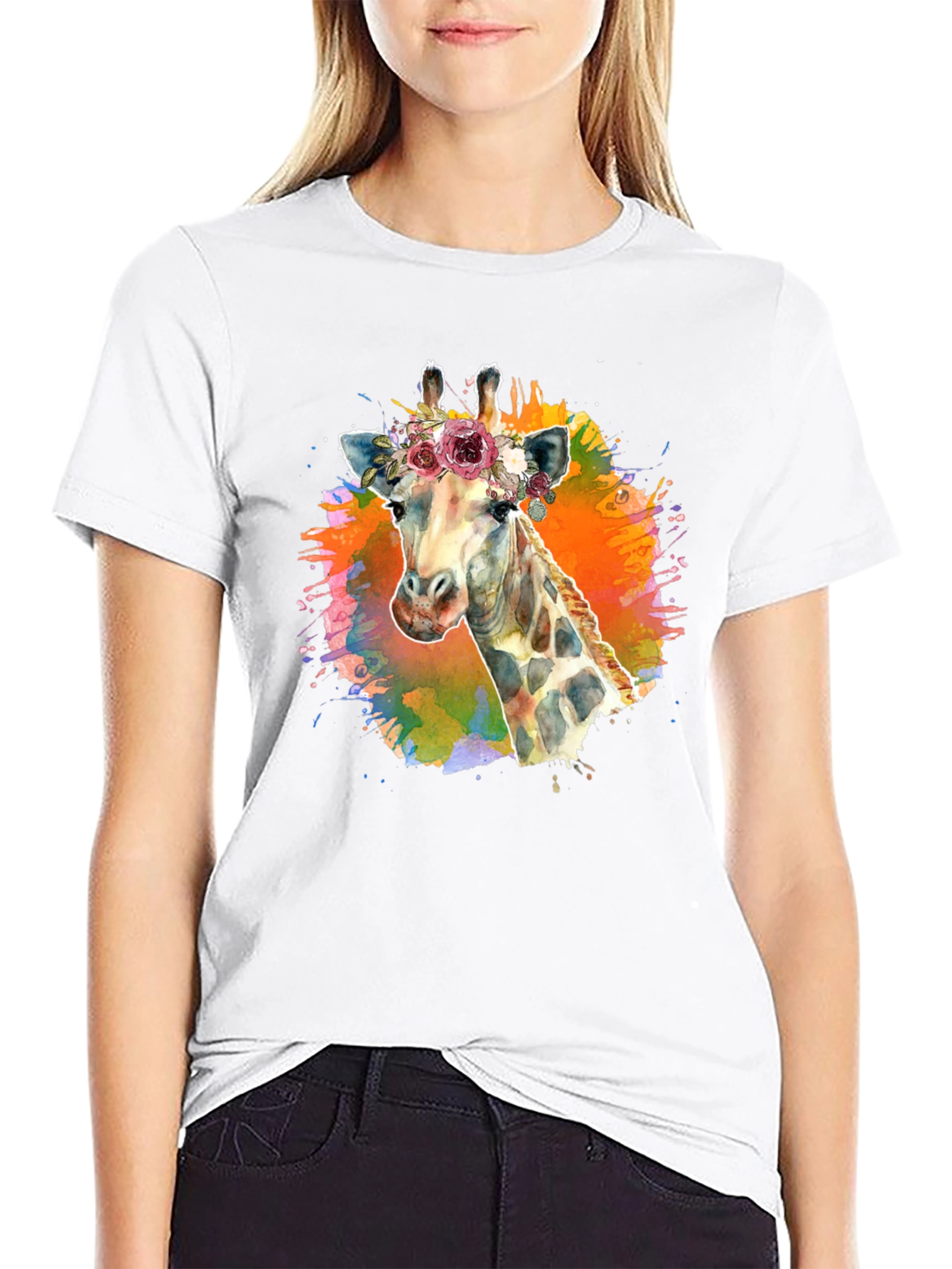 Floral Giraffe T-Shirt - Artistic Black Tee