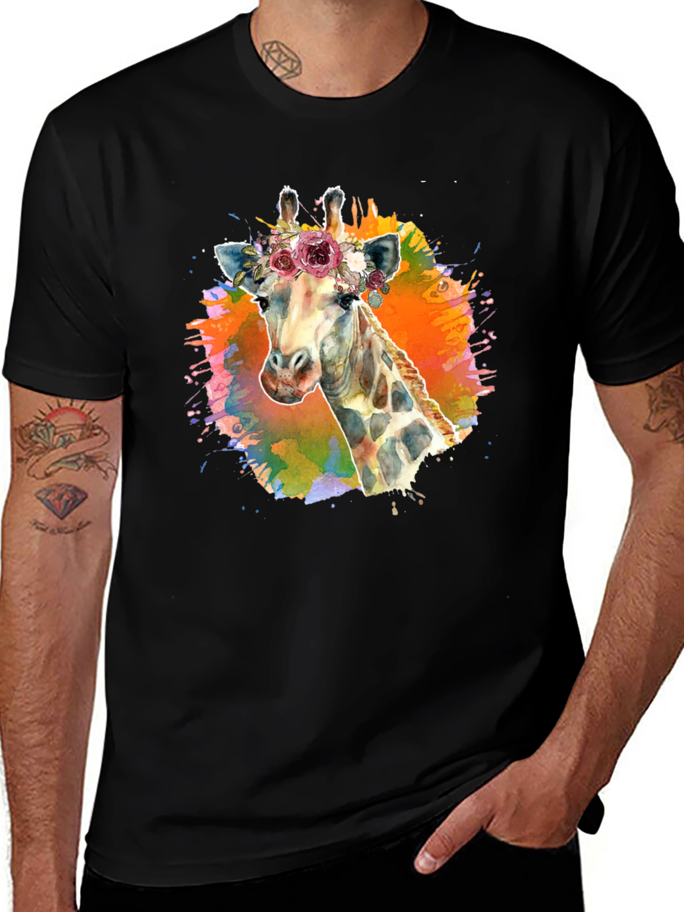 Floral Giraffe T-Shirt - Artistic Black Tee