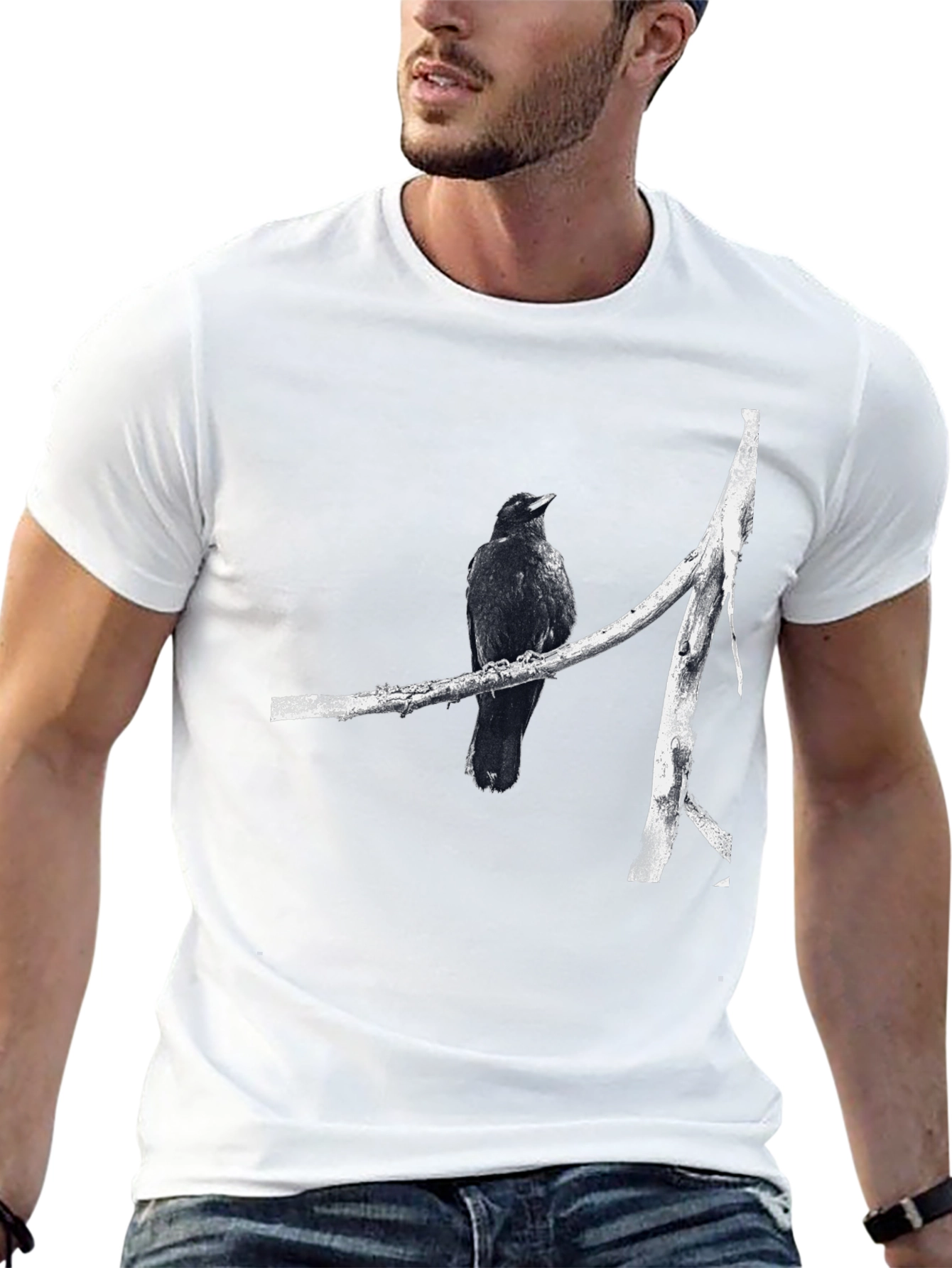 Raven on Branch Graphic Tee - Black Cotton T-Shirt