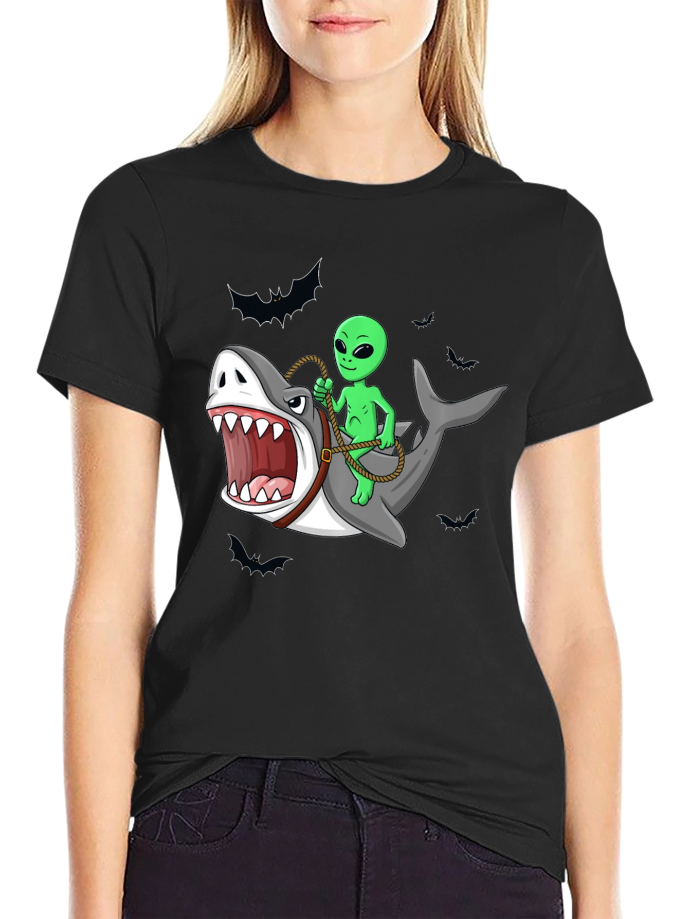 Alien Riding Shark Funny Graphic Tee