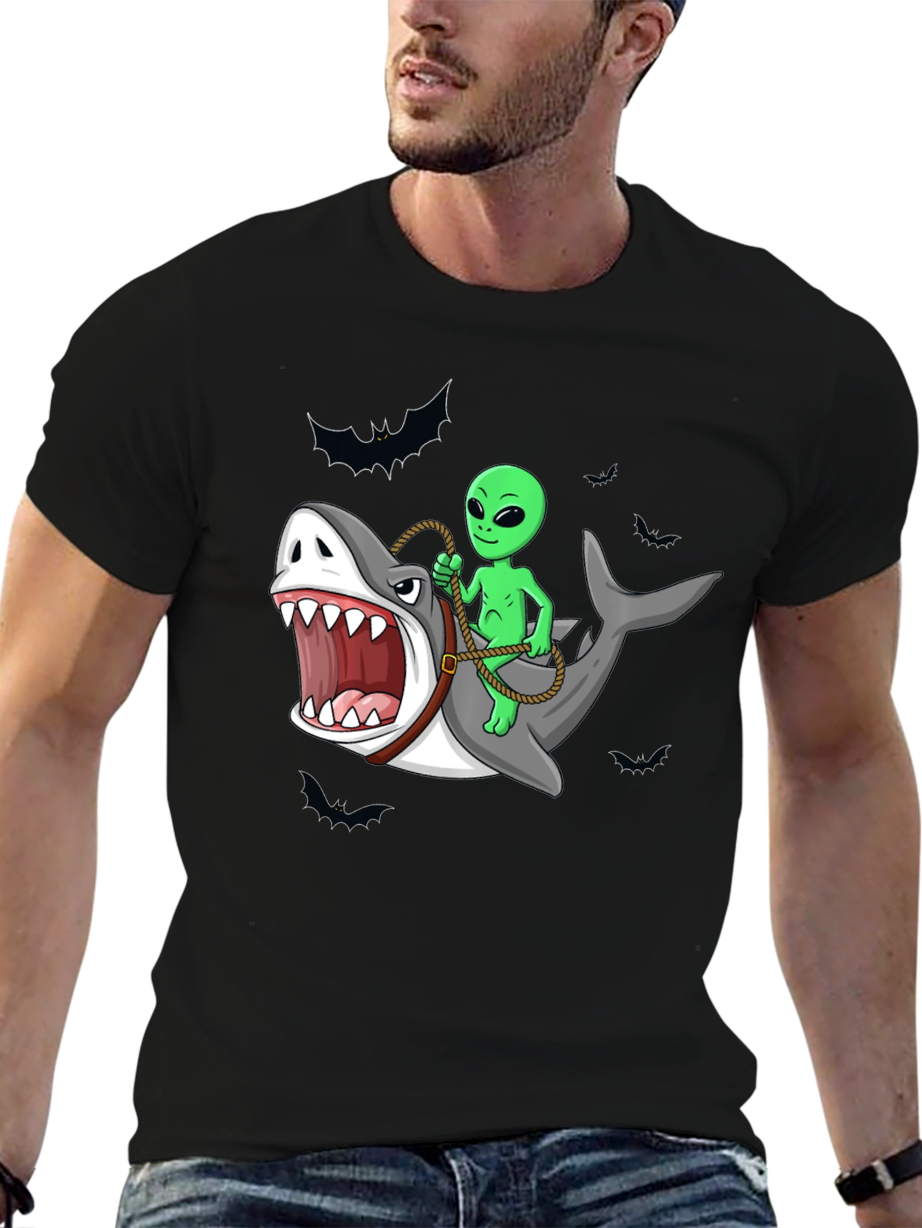 Alien Riding Shark Funny Graphic Tee