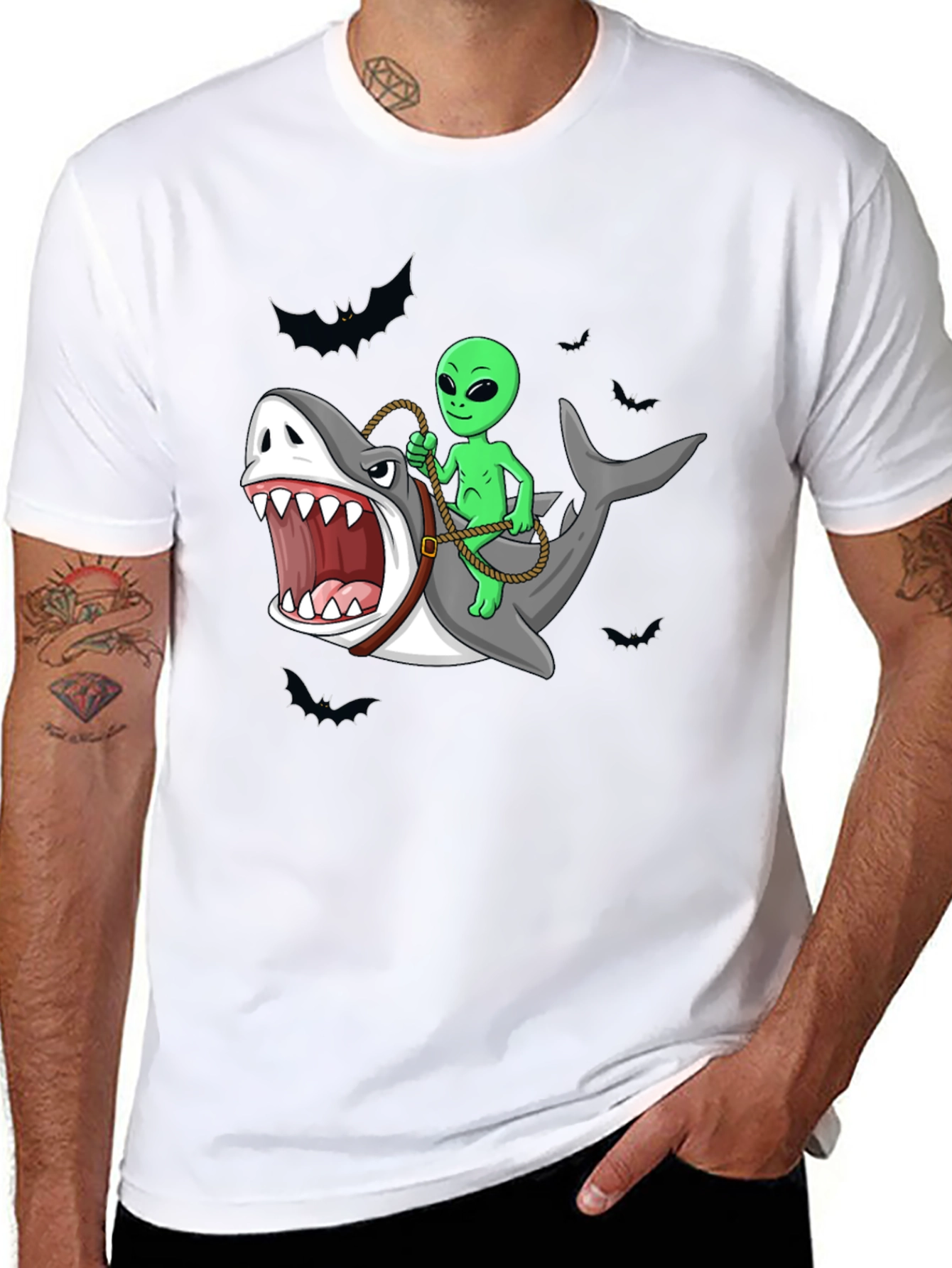 Alien Riding Shark Funny Graphic Tee