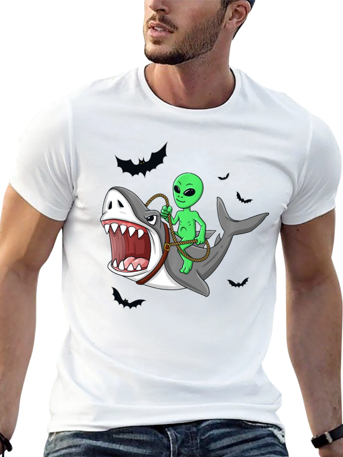 Alien Riding Shark Funny Graphic Tee