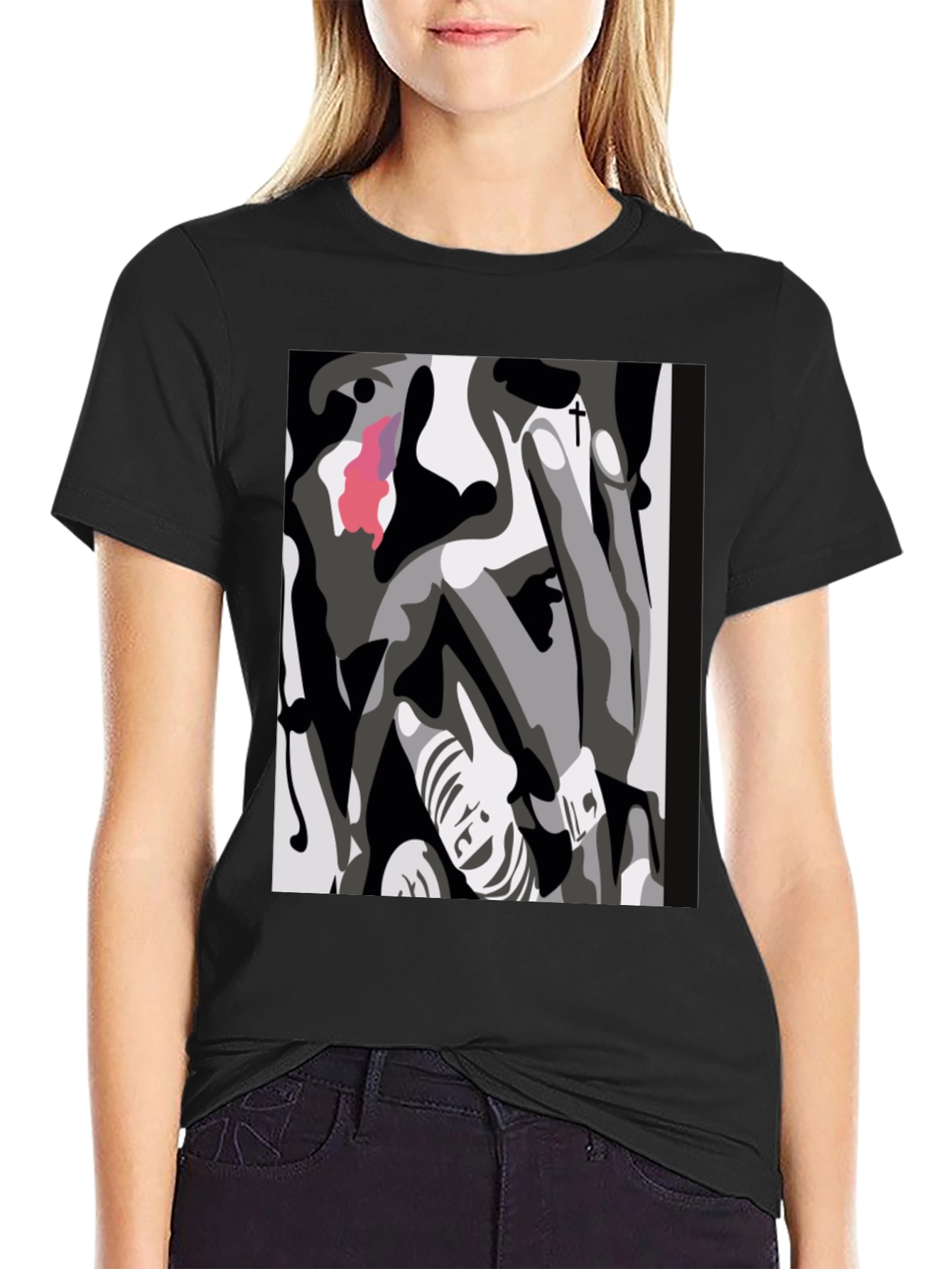 Abstract Face Graphic Print Black T-Shirt