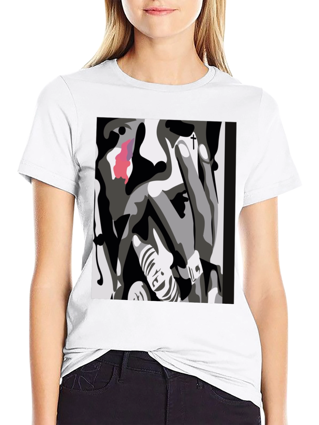 Abstract Face Graphic Print Black T-Shirt