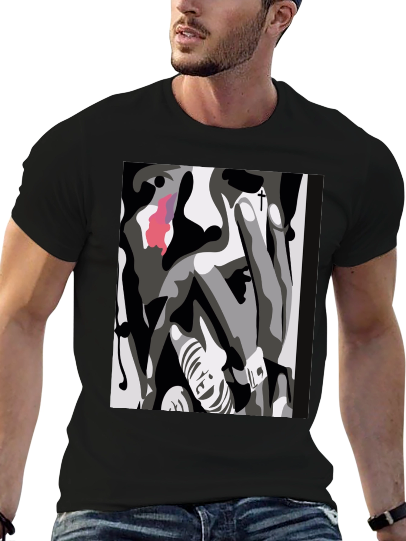 Abstract Face Graphic Print Black T-Shirt