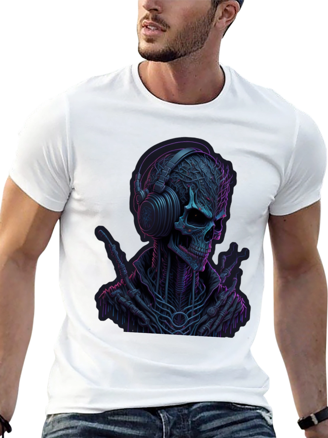 Neon Skull Headphones Graphic Tee - Darkwave Style