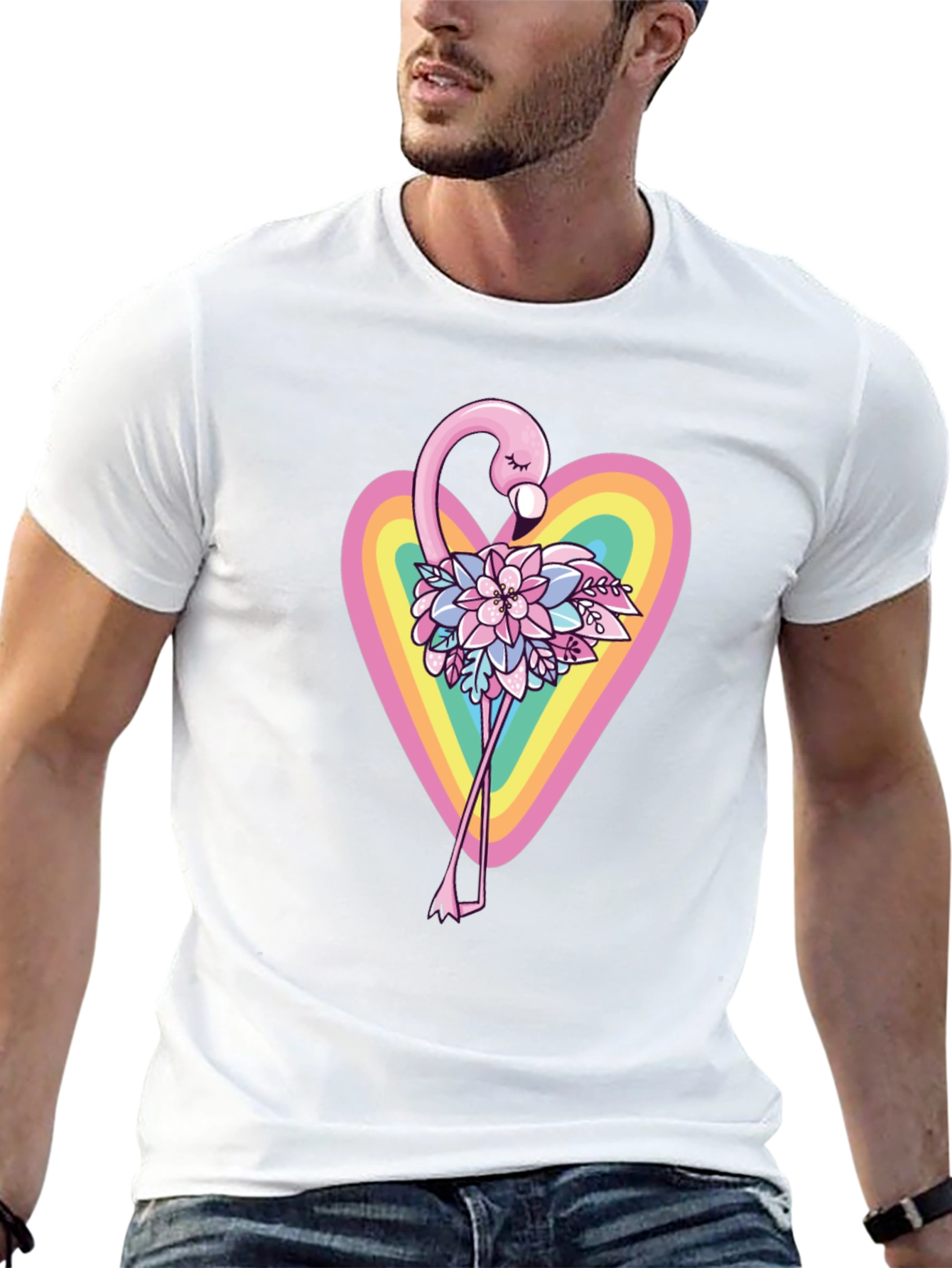 Flamingo Floral Heart Black T-Shirt