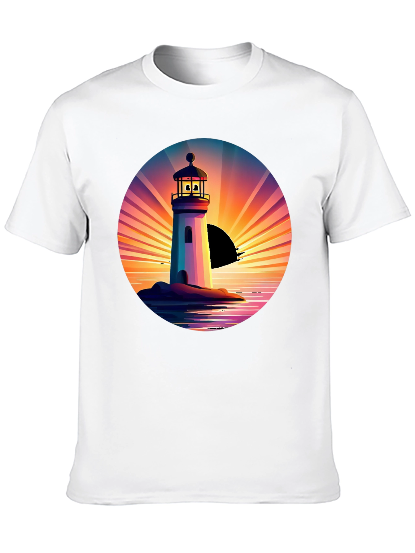 Lighthouse Sunset Graphic Tee - Stylish Mens Black T-Shirt