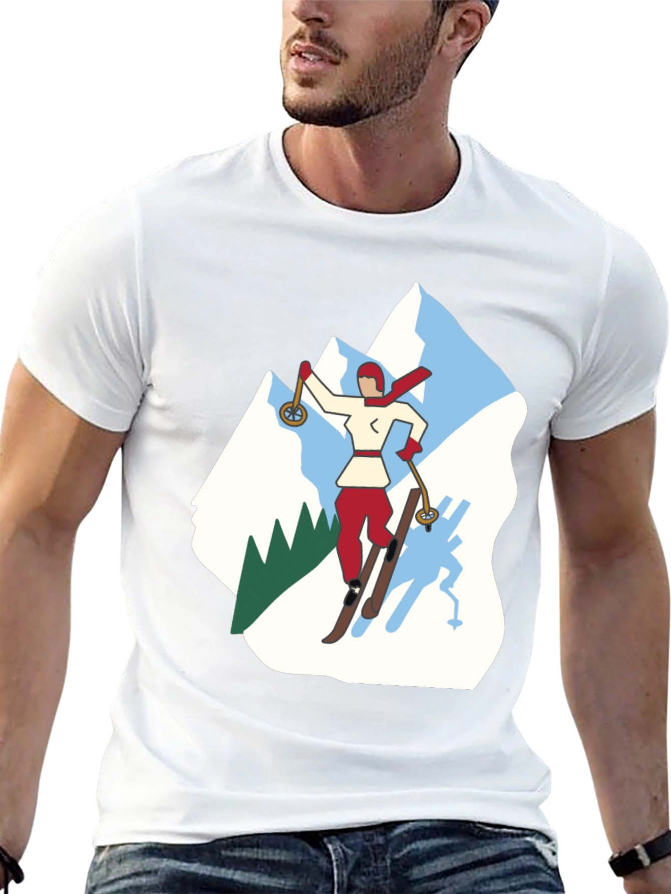 Retro Skiing Graphic Tee - Black Cotton T-Shirt
