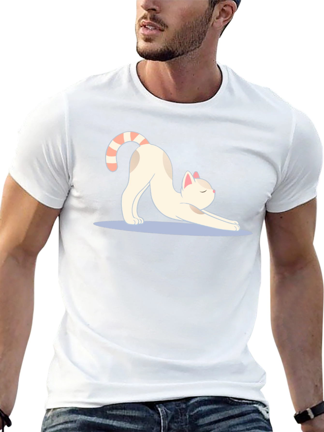 Stretching Cat Graphic Tee - Soft Black Cotton T-Shirt