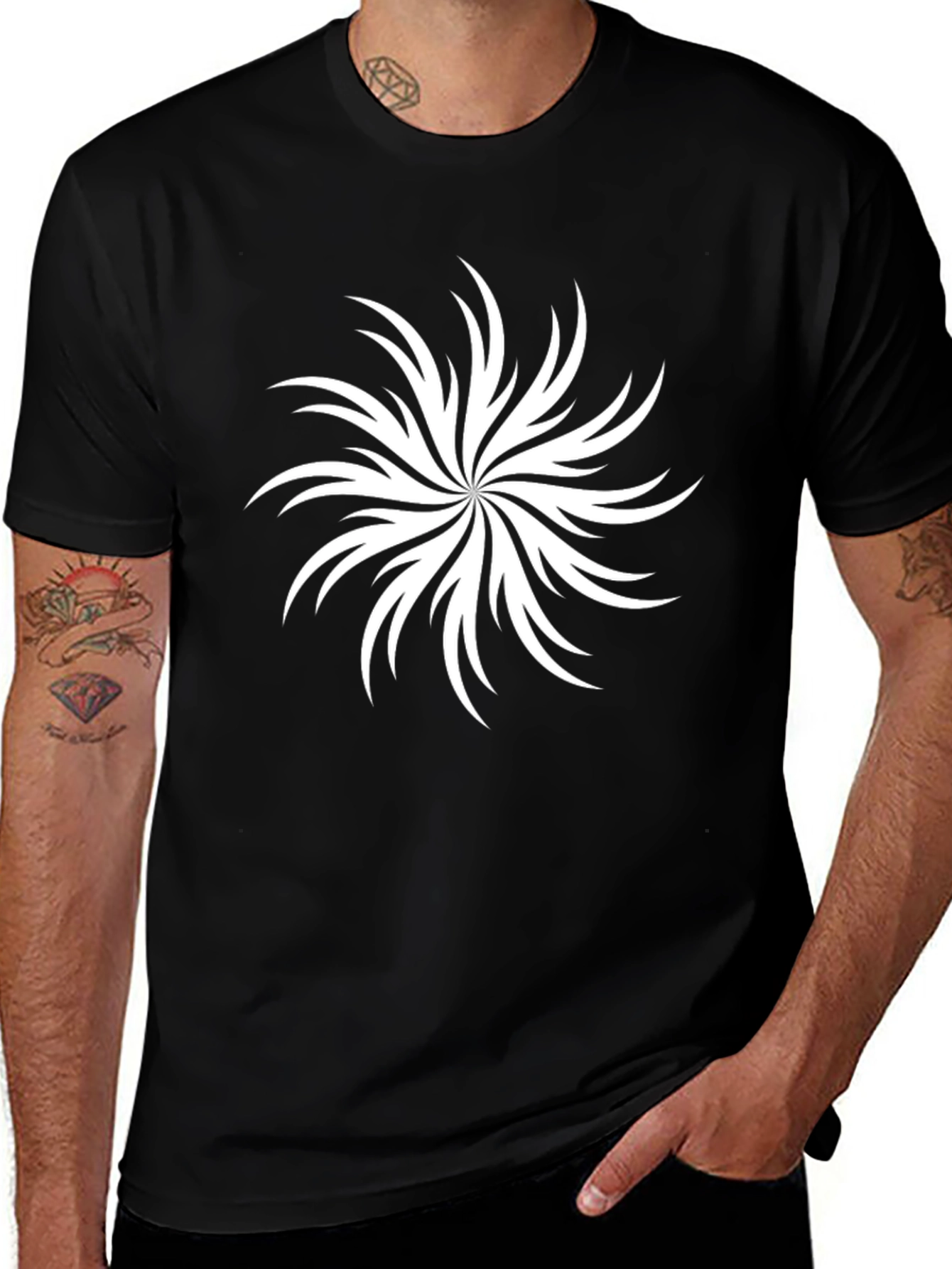 Abstract White Swirl Graphic Black T-Shirt