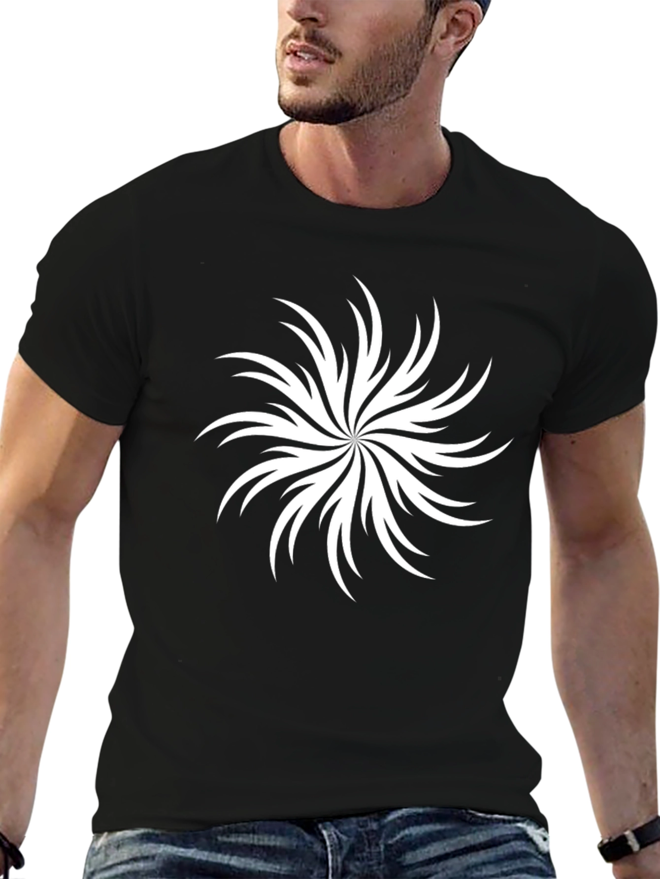 Abstract White Swirl Graphic Black T-Shirt
