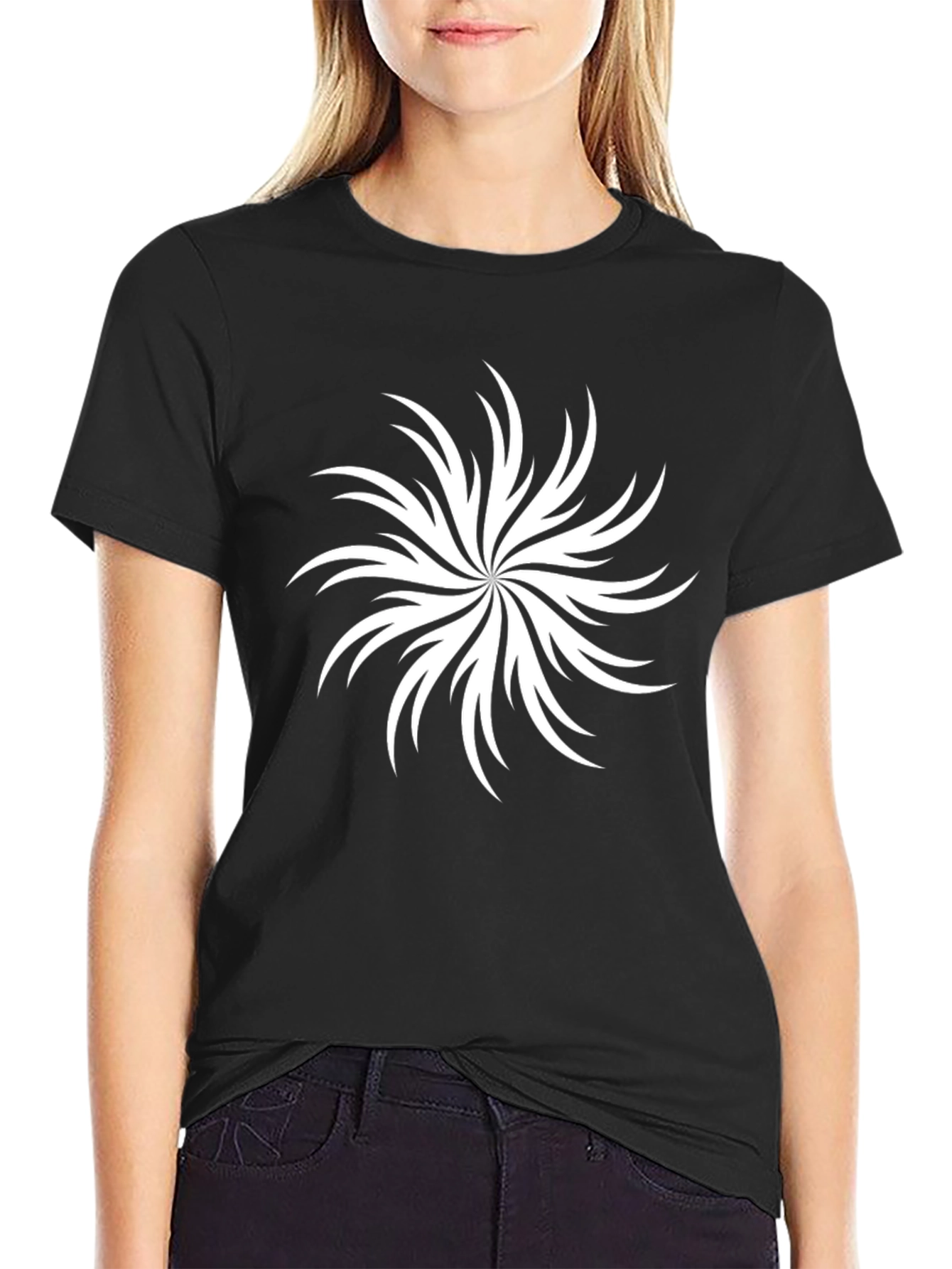 Abstract White Swirl Graphic Black T-Shirt