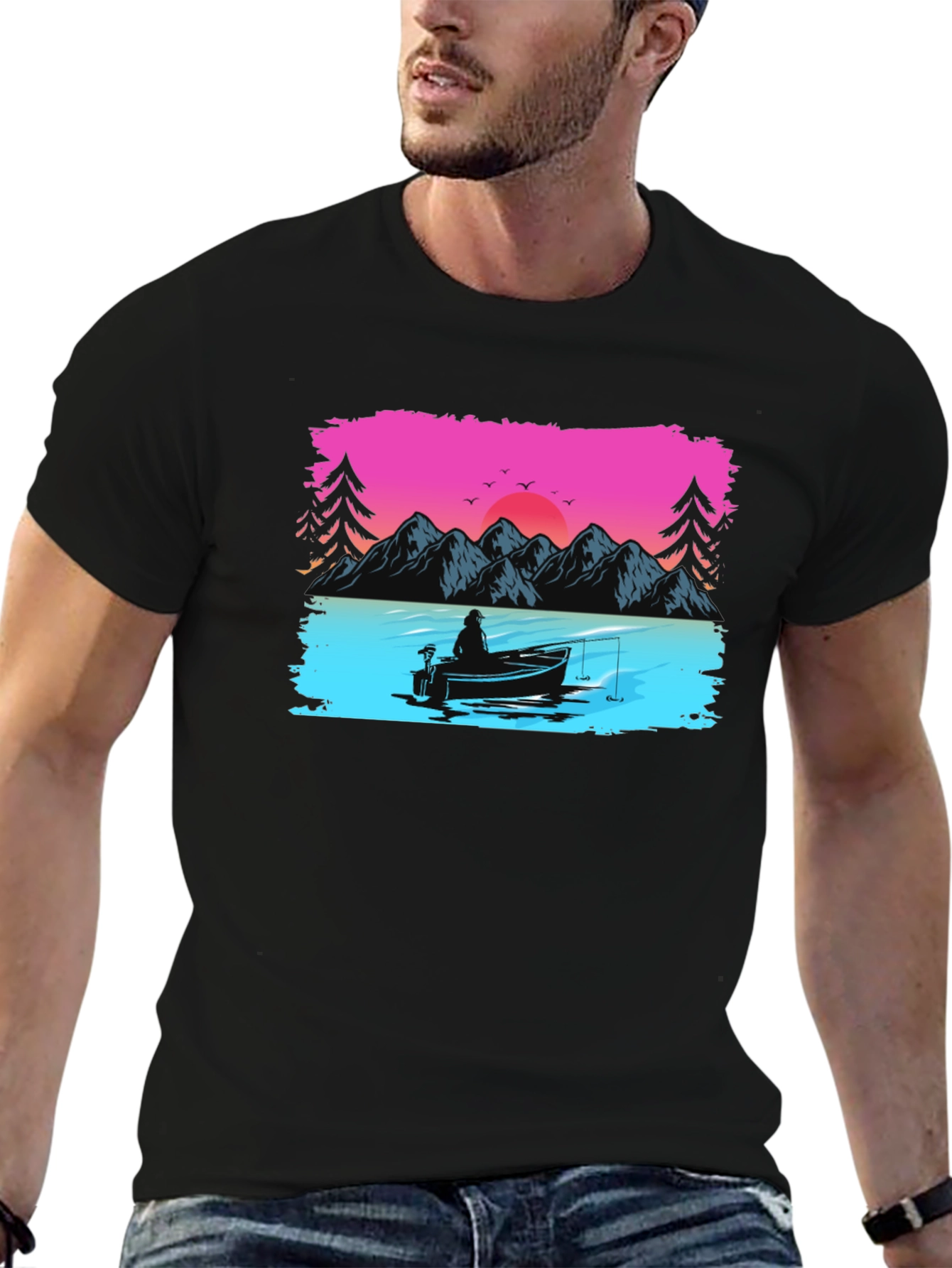 Fishing Sunset Graphic Tee - Black