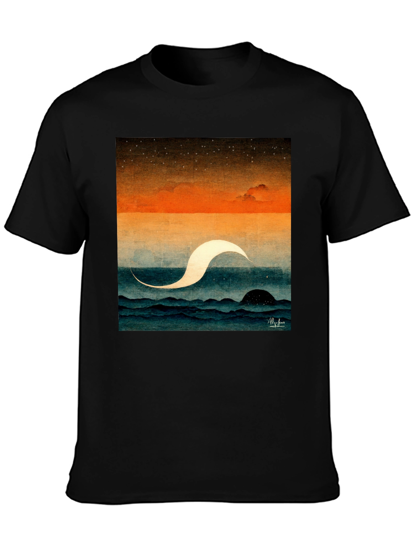 Abstract Ocean Wave Graphic Tee - Premium Black Cotton