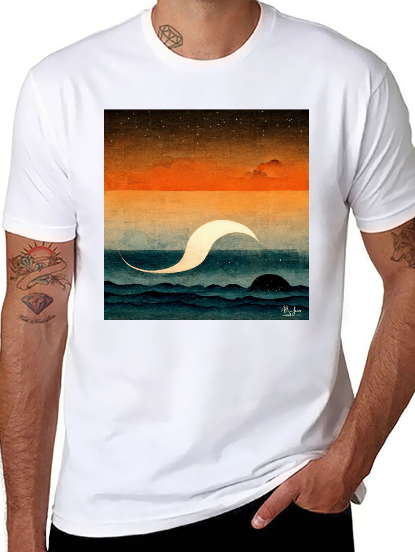 Abstract Ocean Wave Graphic Tee - Premium Black Cotton