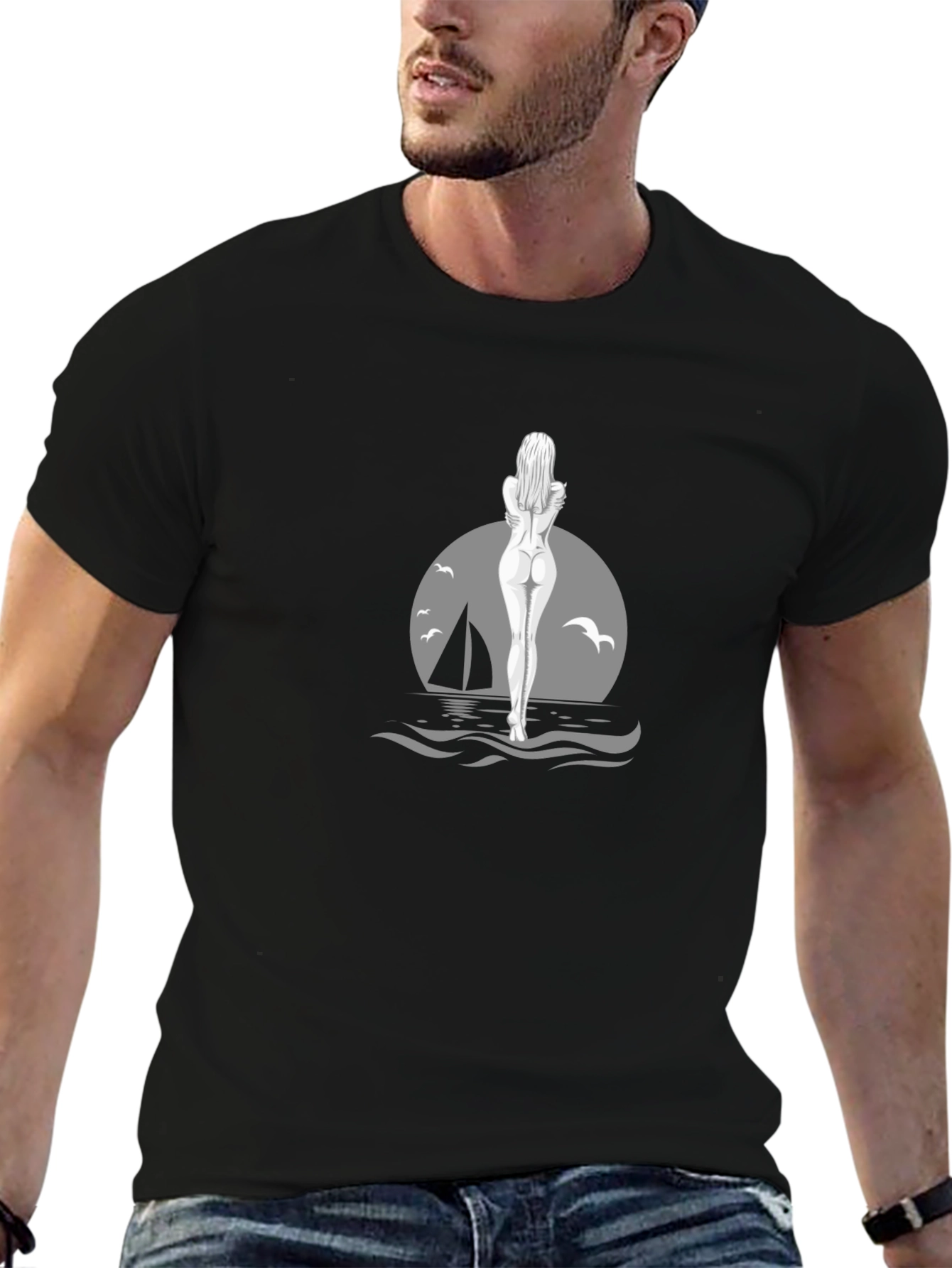 Black T-Shirt with Ocean Illustration