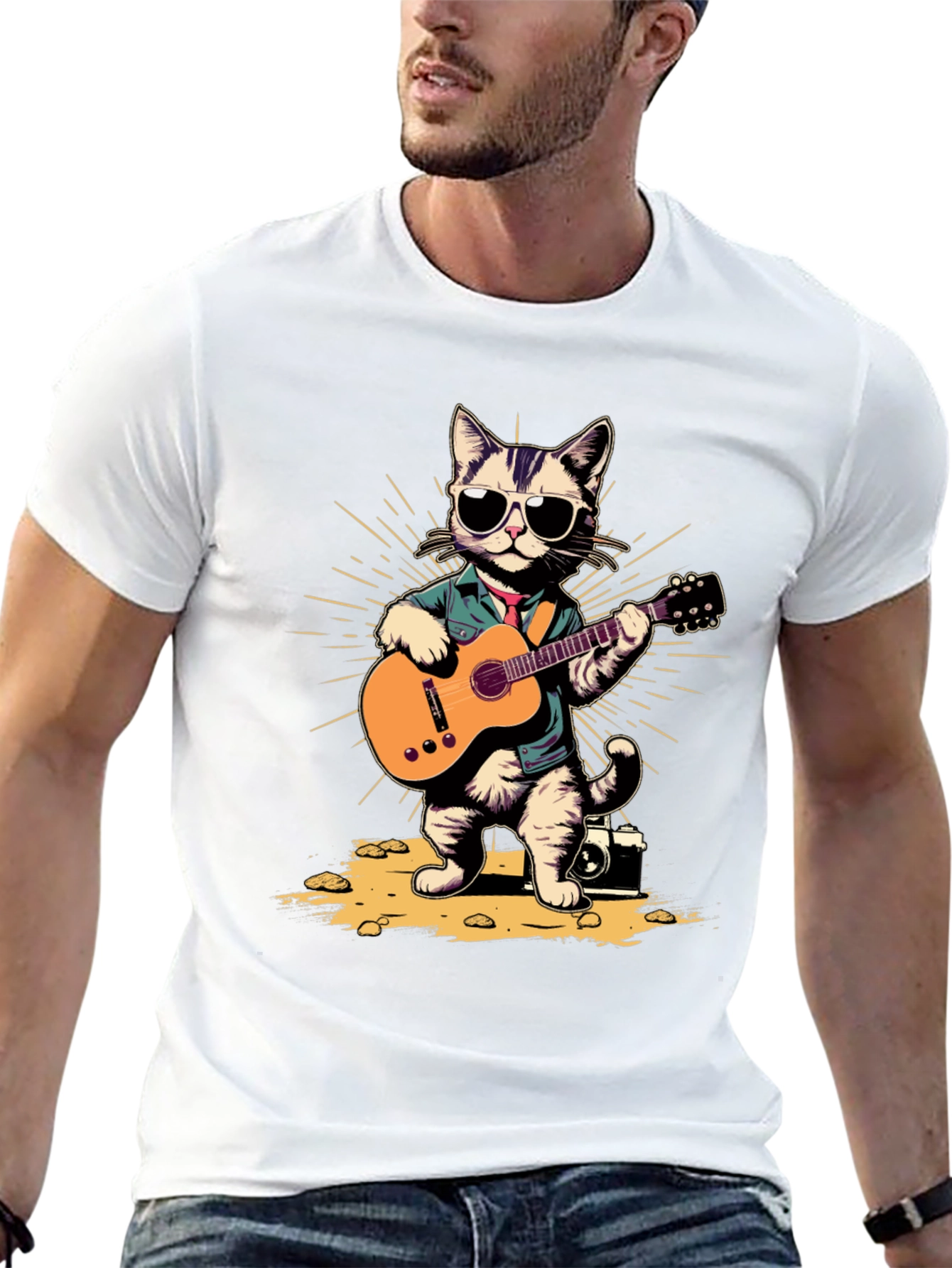 Cool Cat Guitarist Graphic T-Shirt