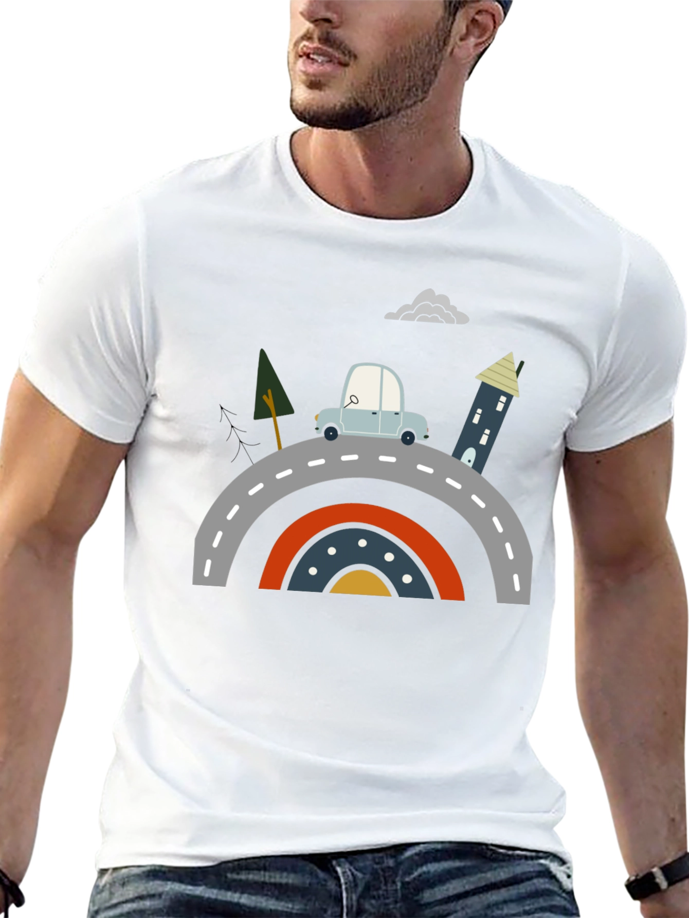 Cartoon Car on Rainbow Bridge Graphic Tee