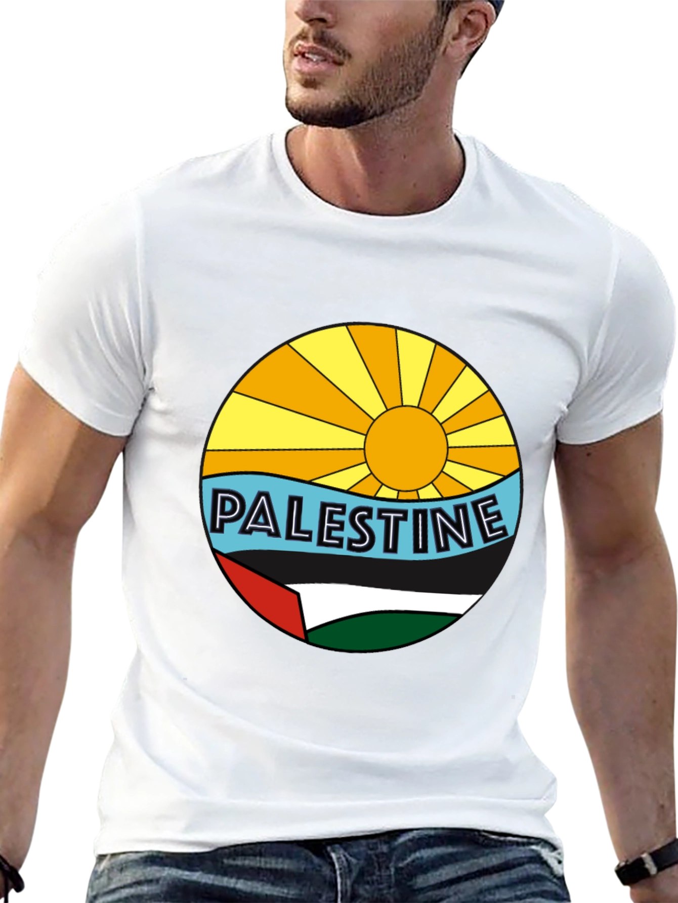 Palestine Graphic Tee - Sun Sea & Flag Design