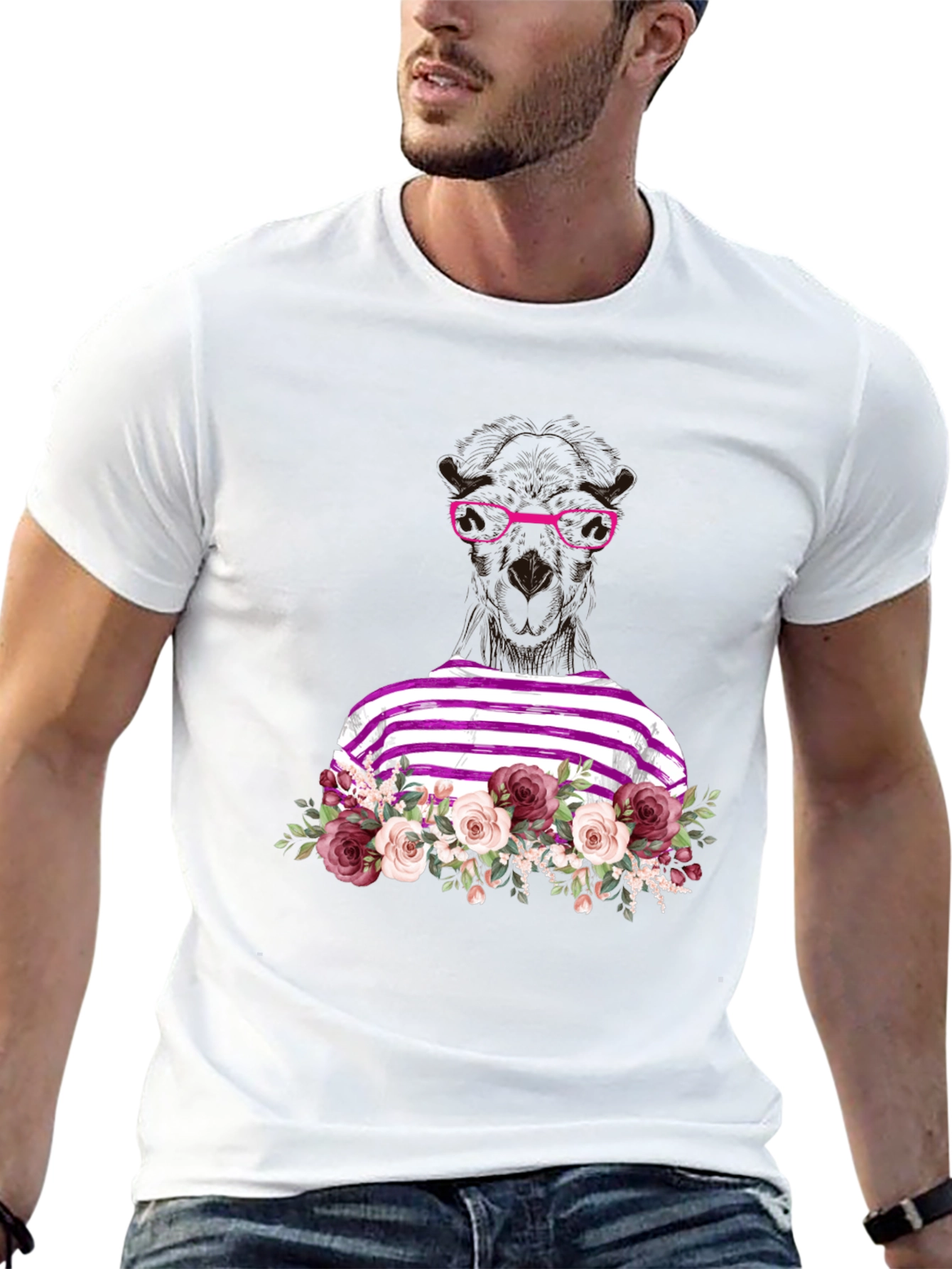 Floral Llama Graphic Tee - Unique Striped Shirt